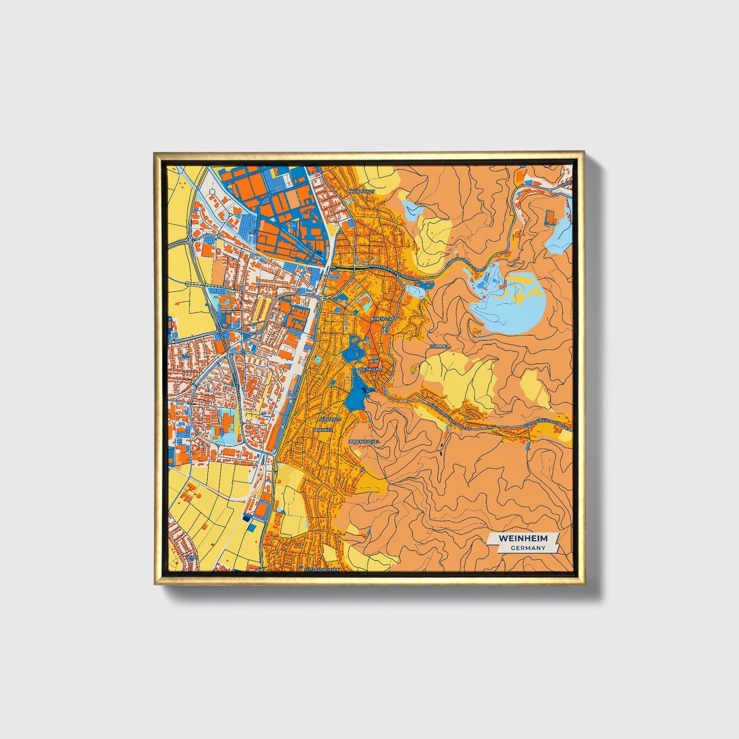 Weinheim Germany Colorful City Map Canvas Print • Gold Framed