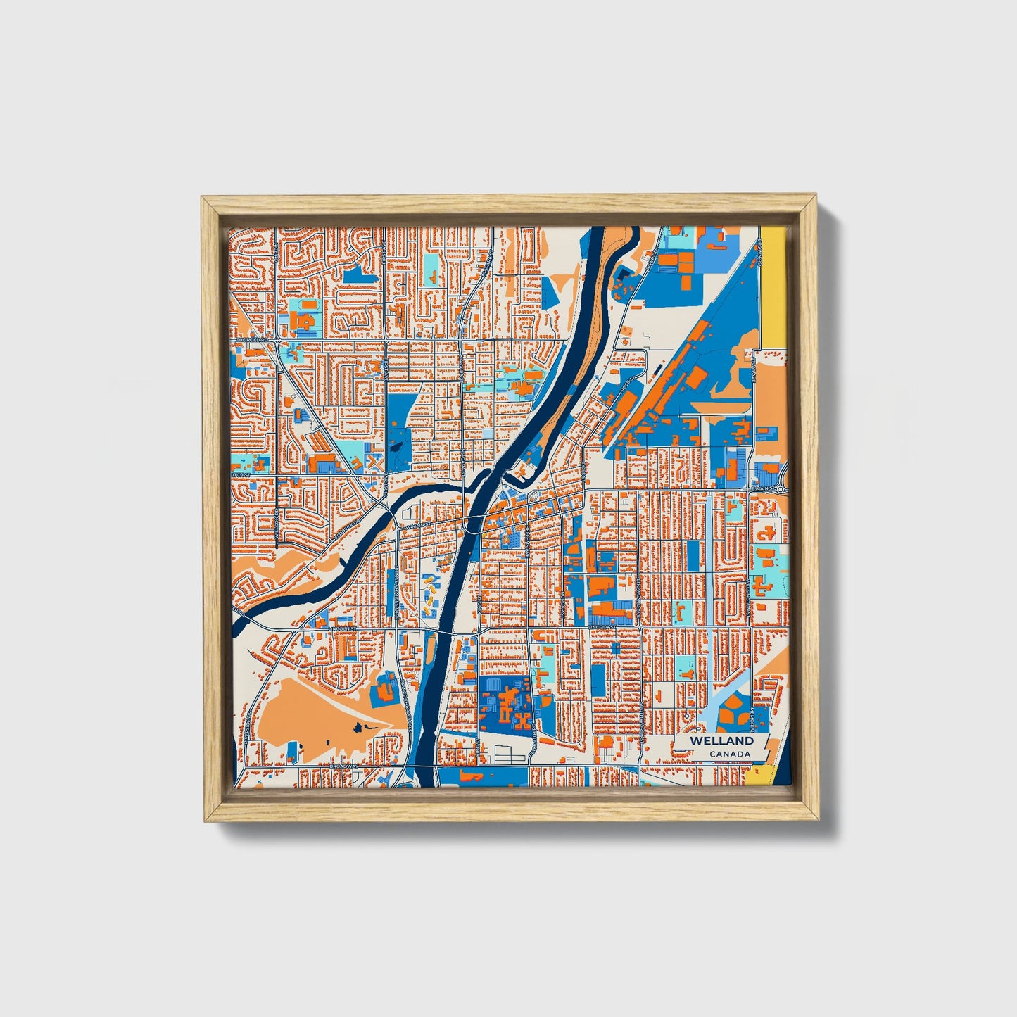 Welland Canada Colorful City Map Canvas Print • Natural Wooden Framed