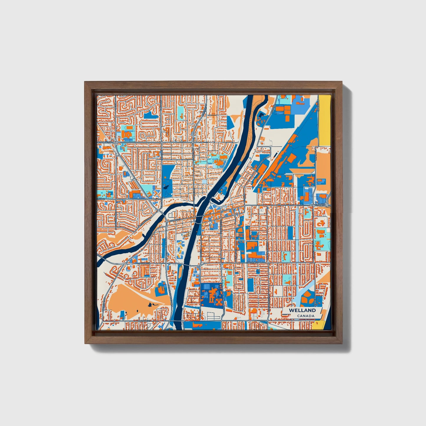 Welland Canada Colorful City Map Canvas Print • Dark Wooden Framed