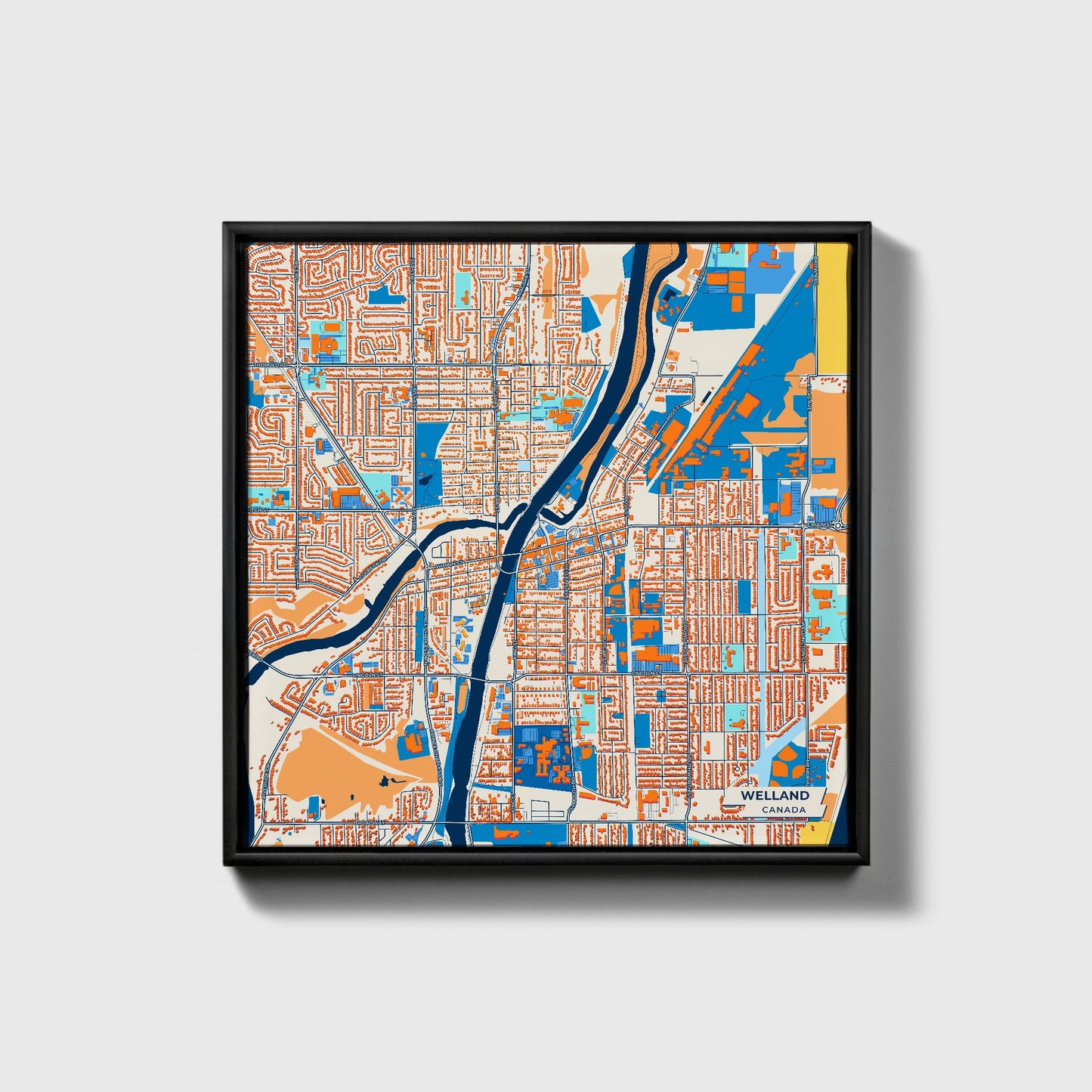 Welland Canada Colorful City Map Canvas Print • Black Framed