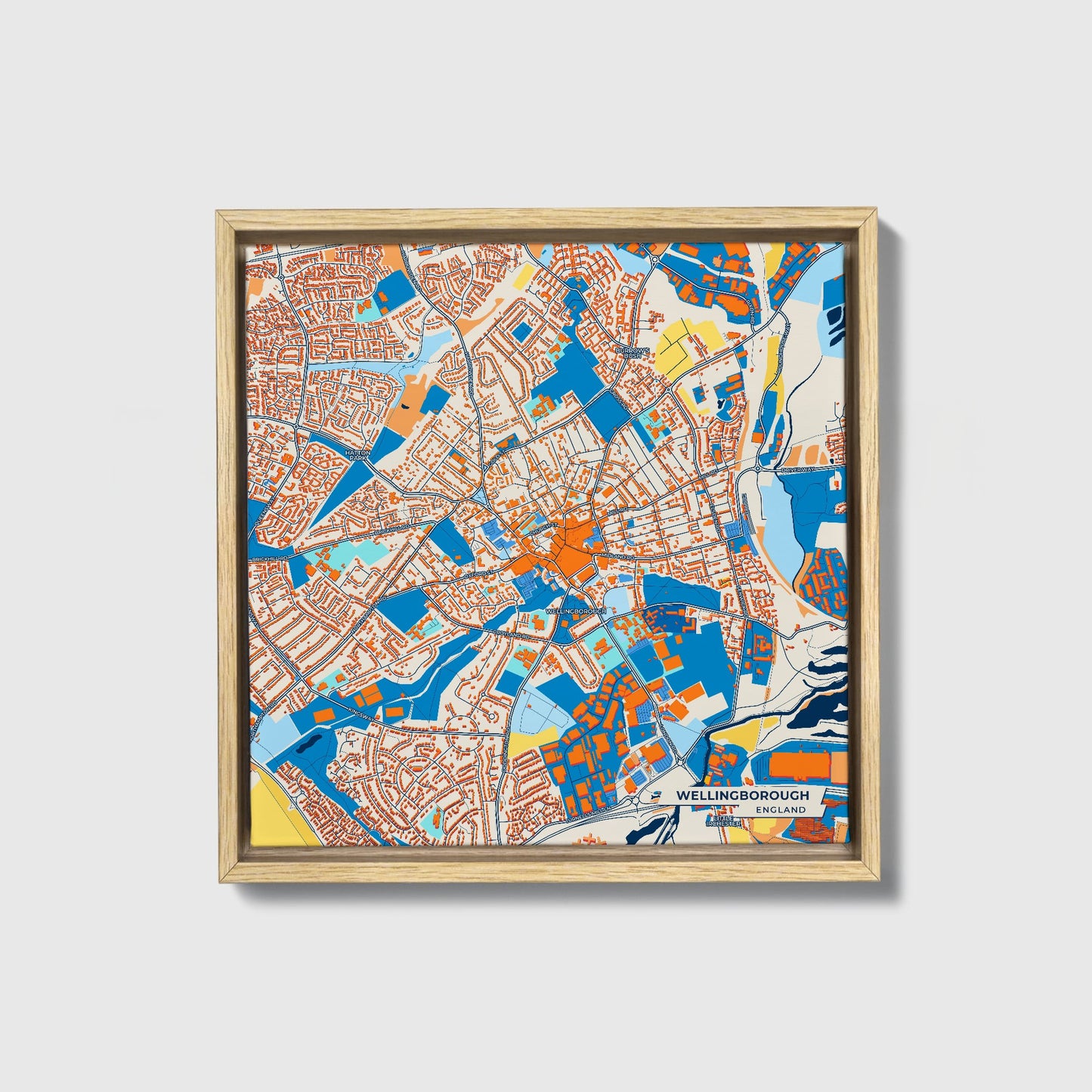 Wellingborough England Colorful City Map Canvas Print • Natural Wooden Framed