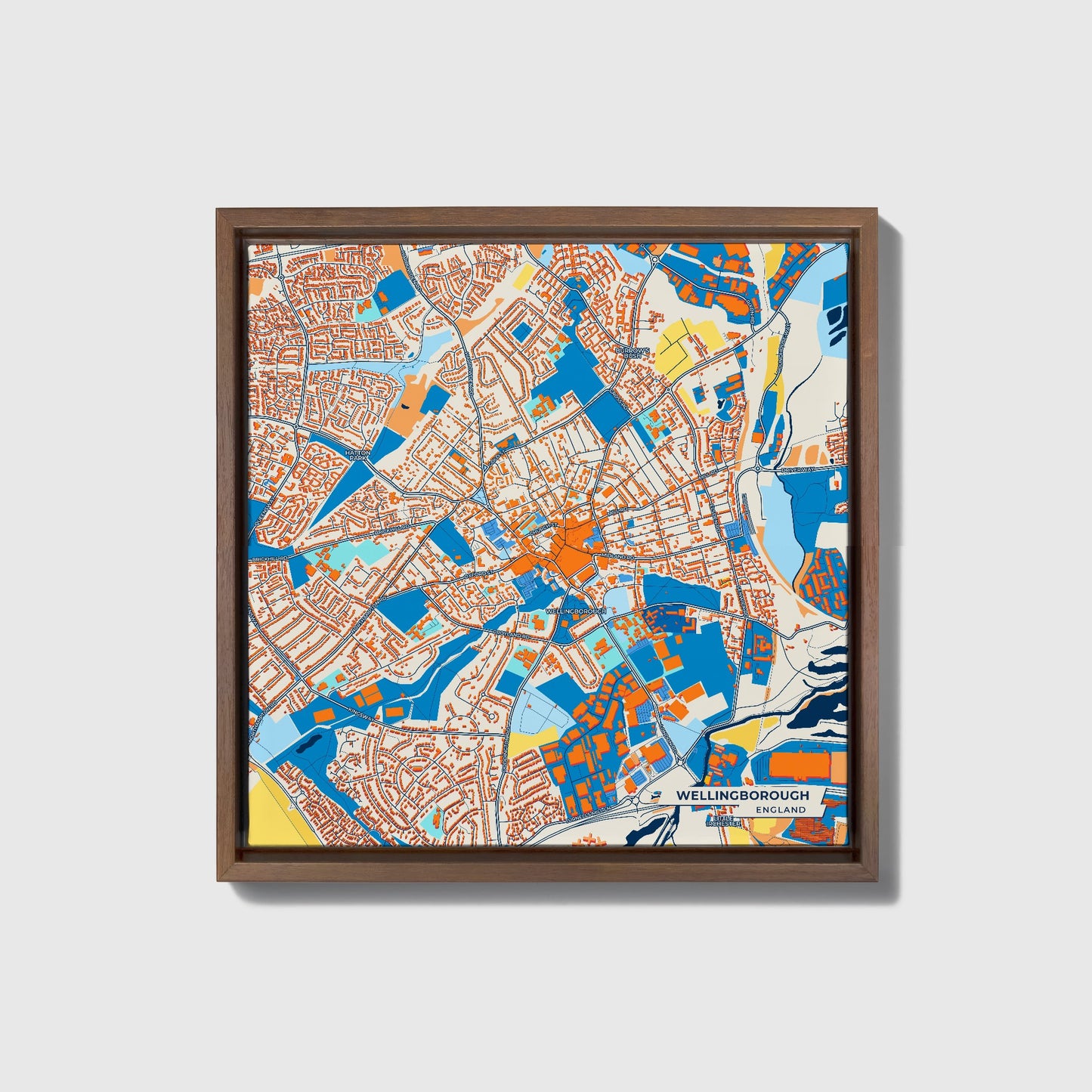 Wellingborough England Colorful City Map Canvas Print • Dark Wooden Framed