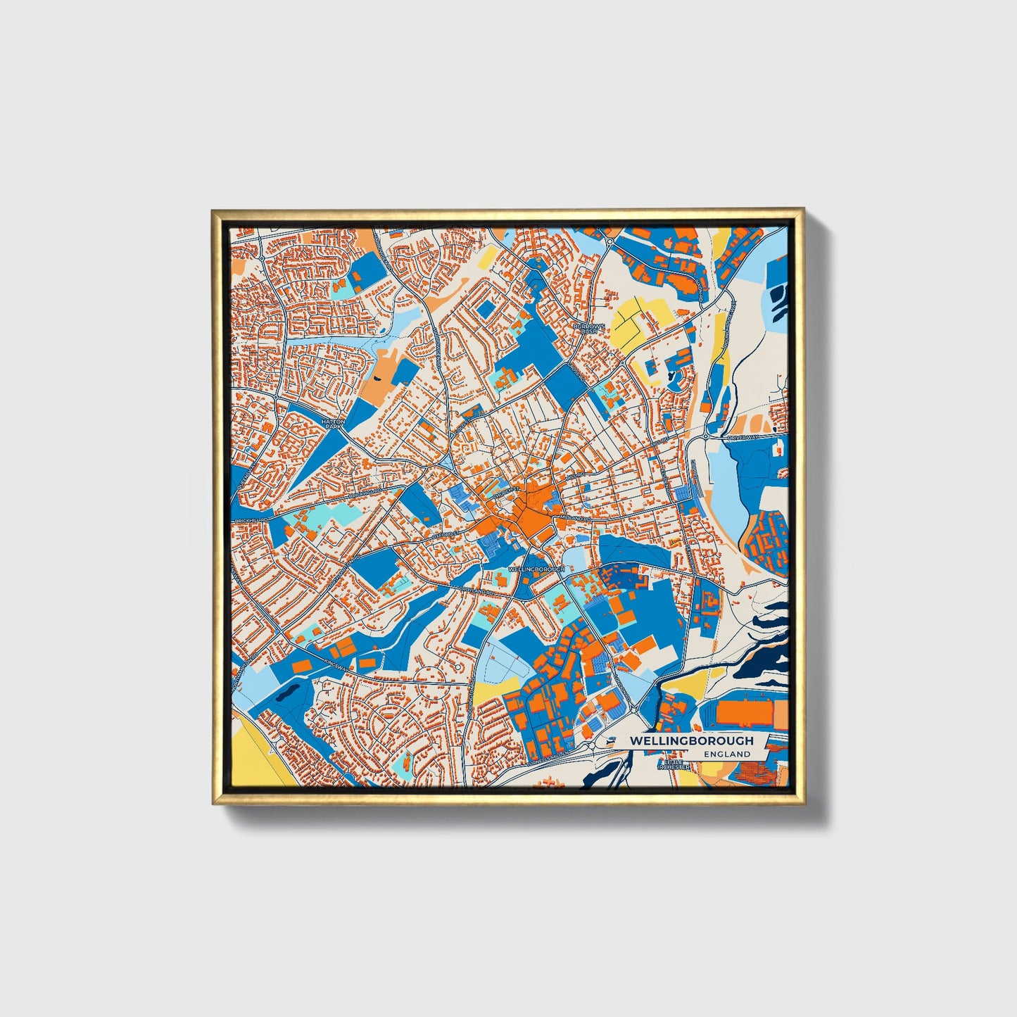 Wellingborough England Colorful City Map Canvas Print • Gold Framed
