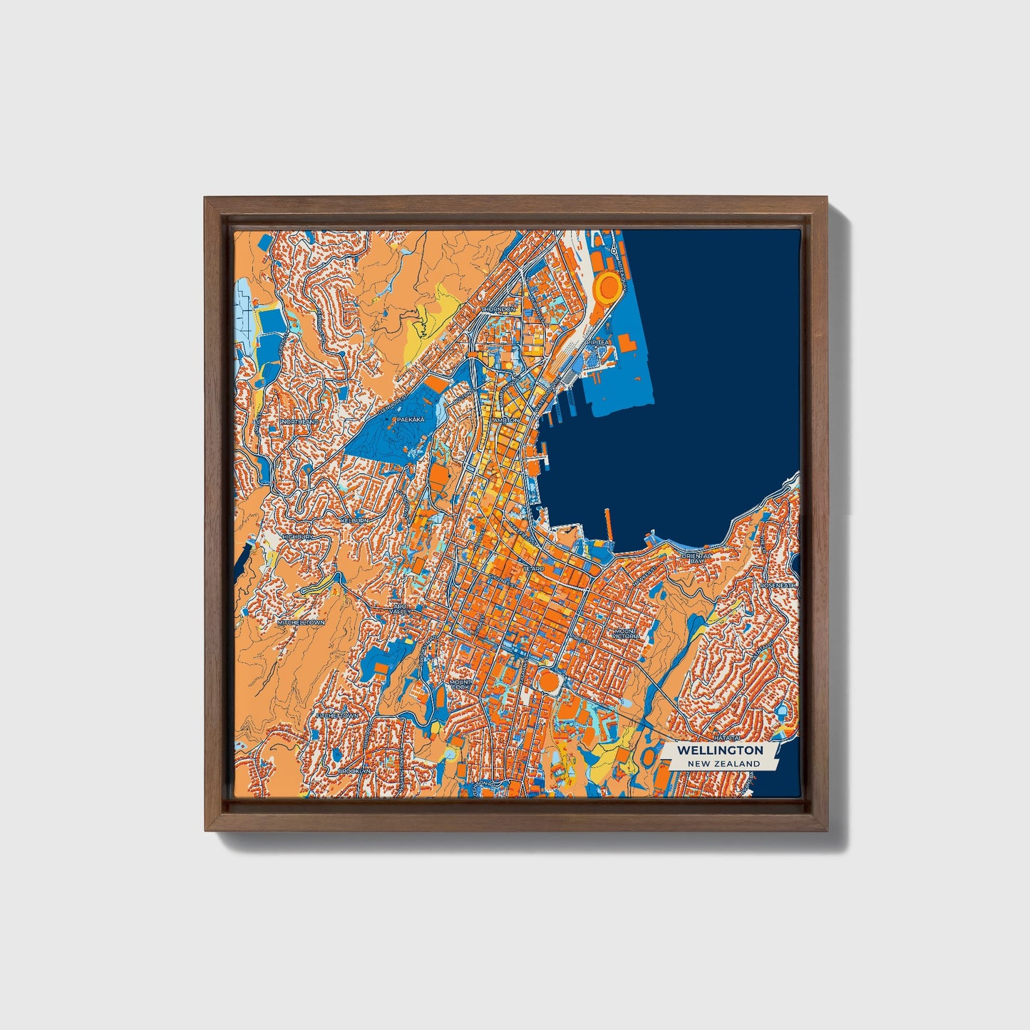 Wellington New Zealand Colorful City Map Canvas Print • Dark Wooden Framed