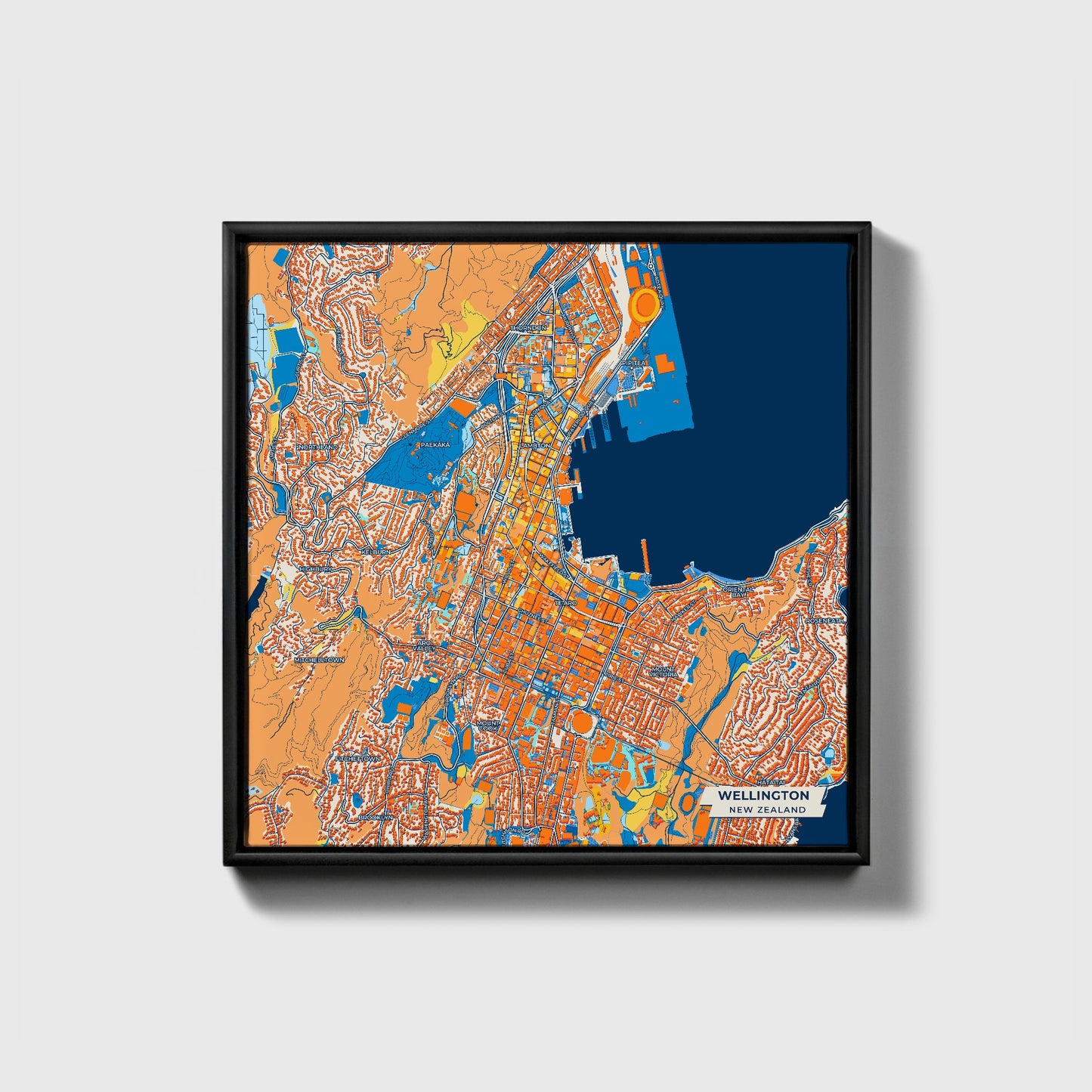 Wellington New Zealand Colorful City Map Canvas Print • Black Framed