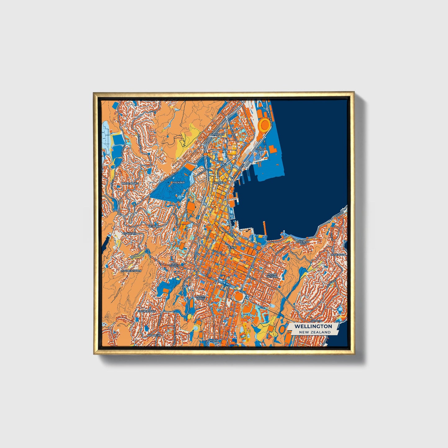 Wellington New Zealand Colorful City Map Canvas Print • Gold Framed