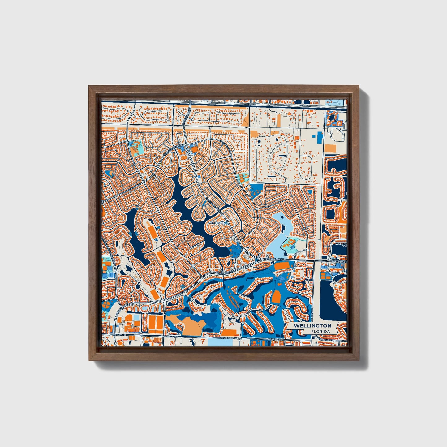 Wellington Florida Colorful City Map Canvas Print • Dark Wooden Framed