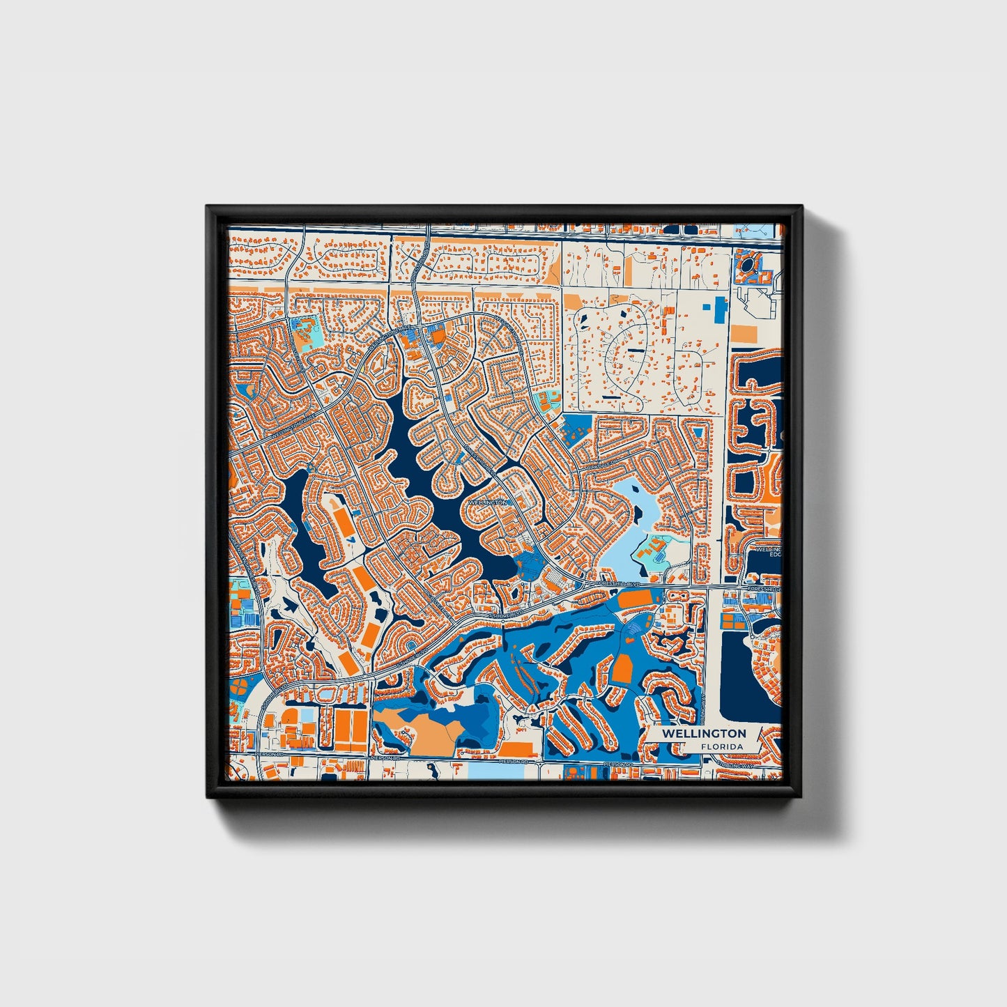 Wellington Florida Colorful City Map Canvas Print • Black Framed