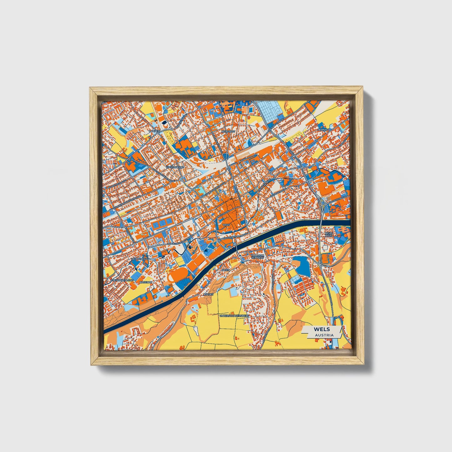Wels Austria Colorful City Map Canvas Print • Natural Wooden Framed
