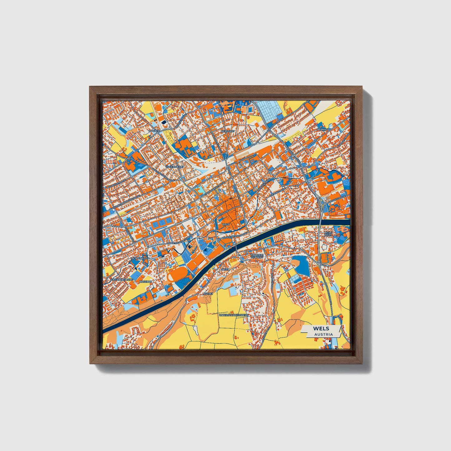 Wels Austria Colorful City Map Canvas Print • Dark Wooden Framed