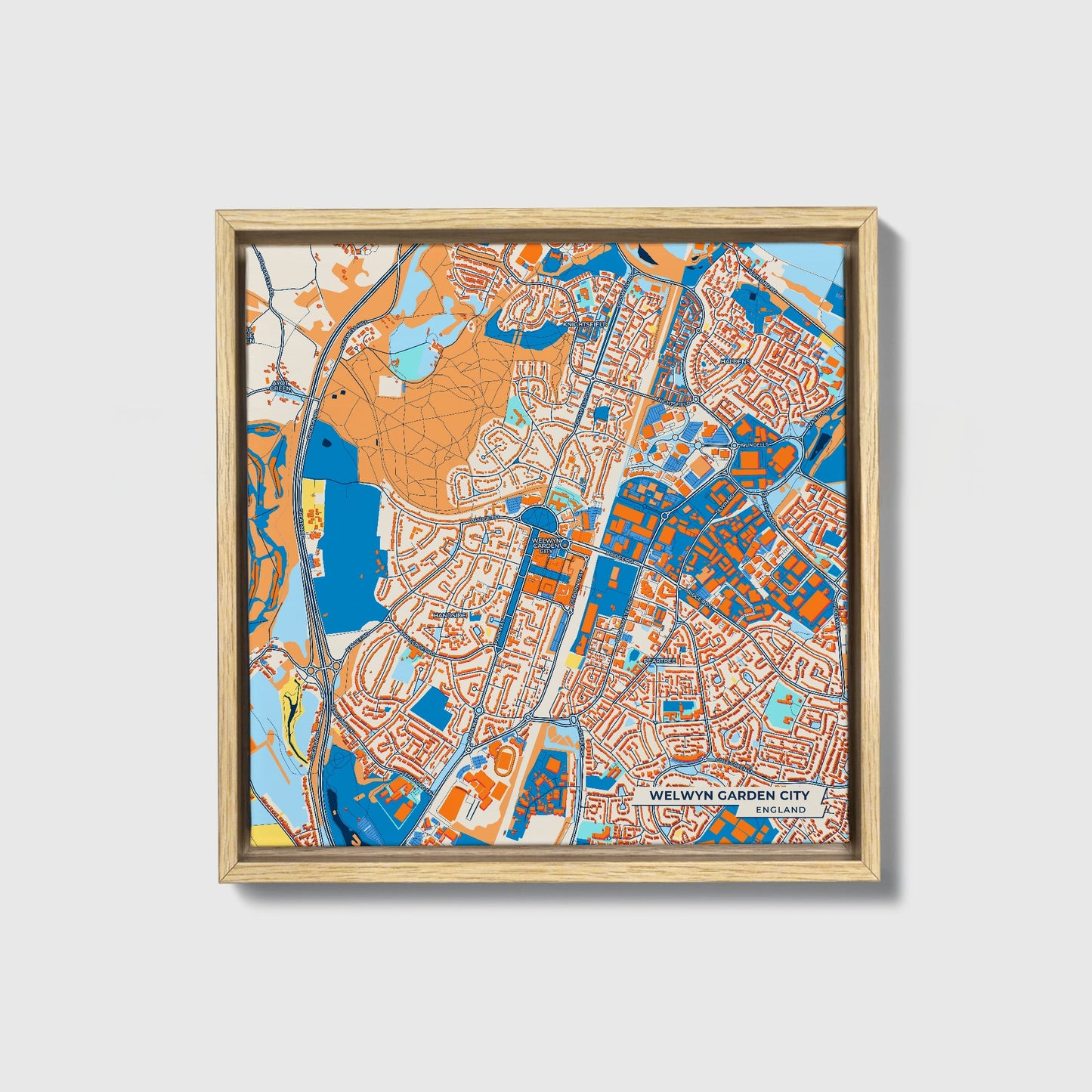 Welwyn Garden City England Colorful City Map Canvas Print • Natural Wooden Framed