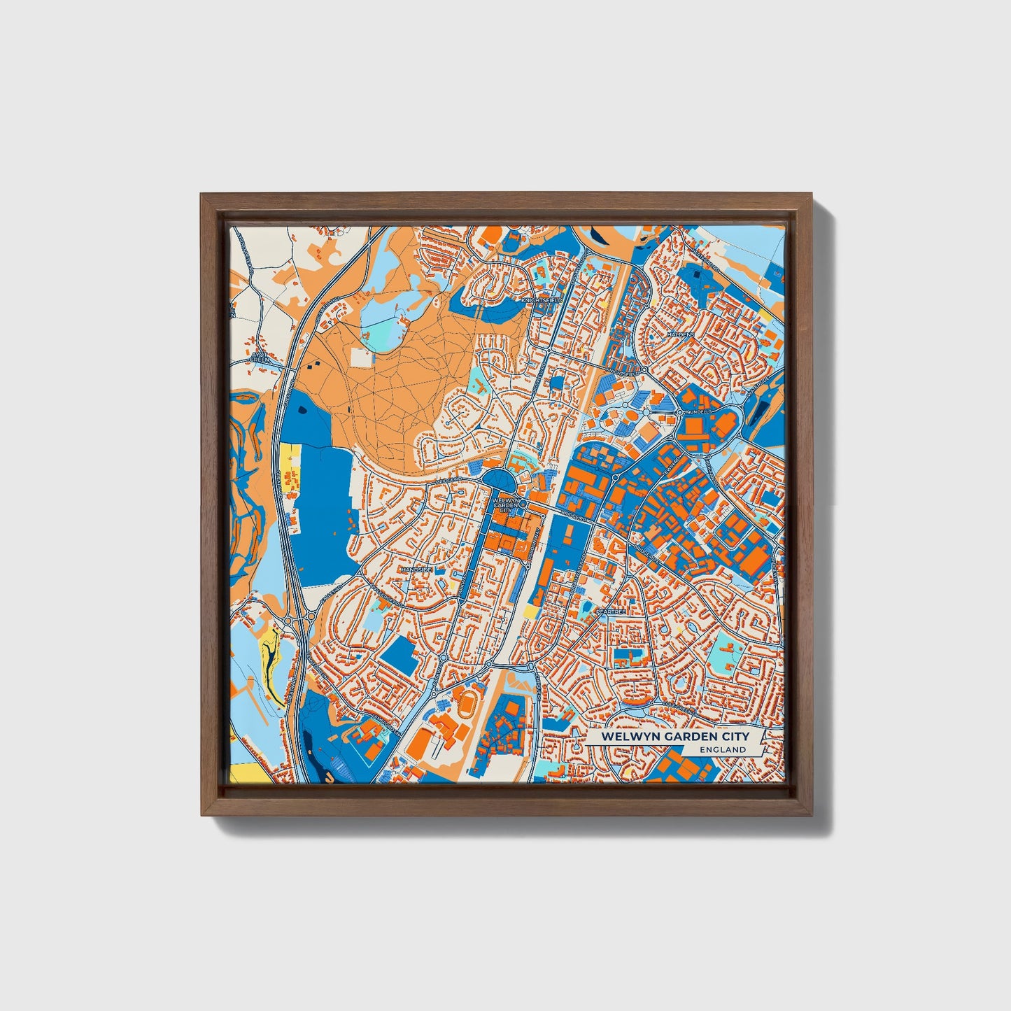 Welwyn Garden City England Colorful City Map Canvas Print • Dark Wooden Framed