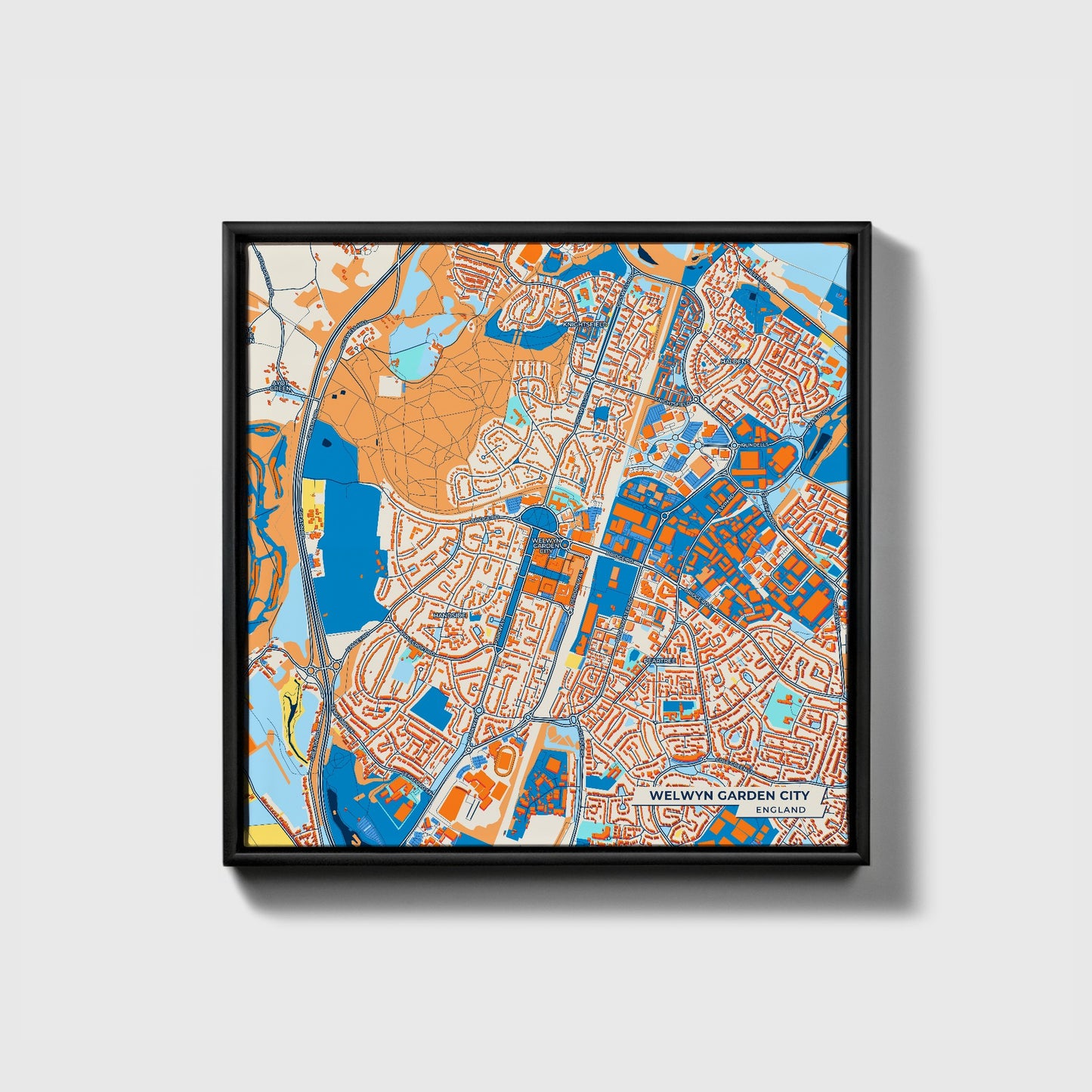 Welwyn Garden City England Colorful City Map Canvas Print • Black Framed
