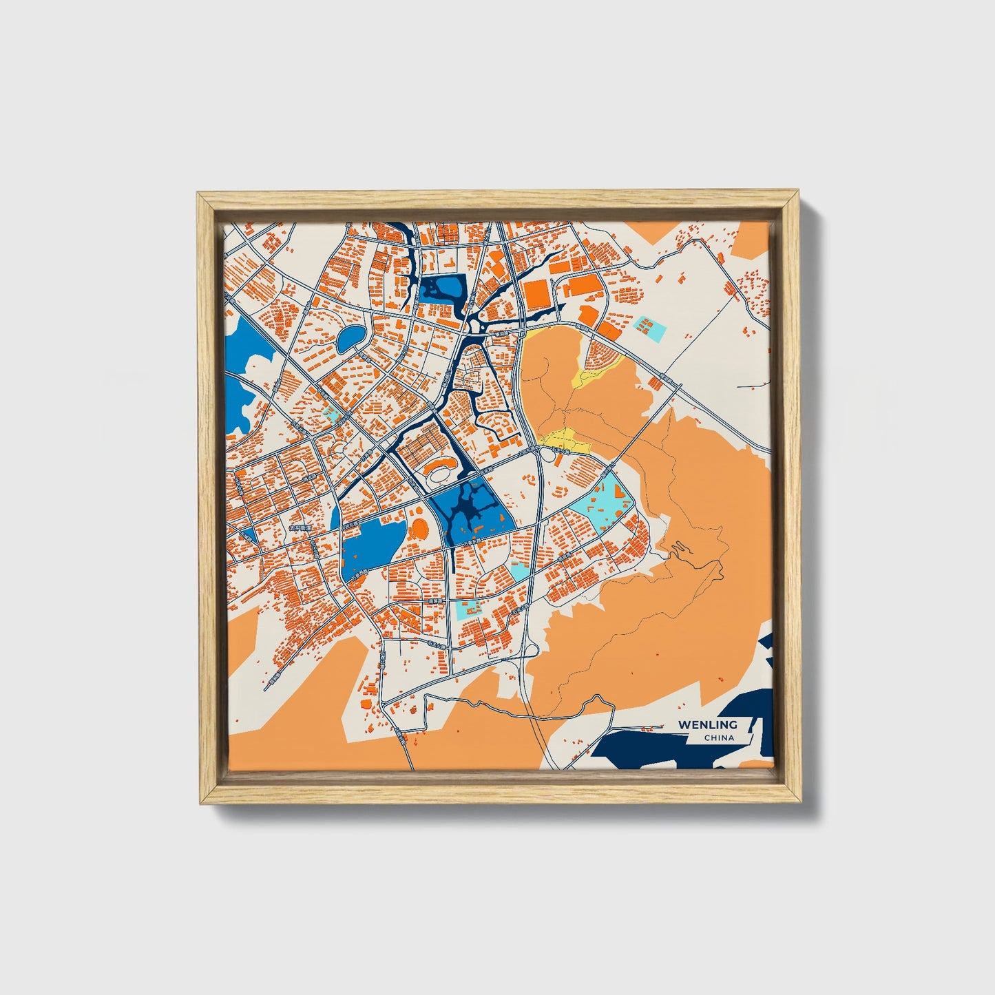 Wenling China Colorful City Map Canvas Print • Natural Wooden Framed