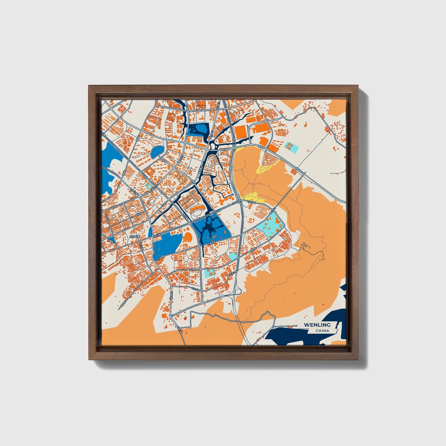 Wenling China Colorful City Map Canvas Print • Dark Wooden Framed