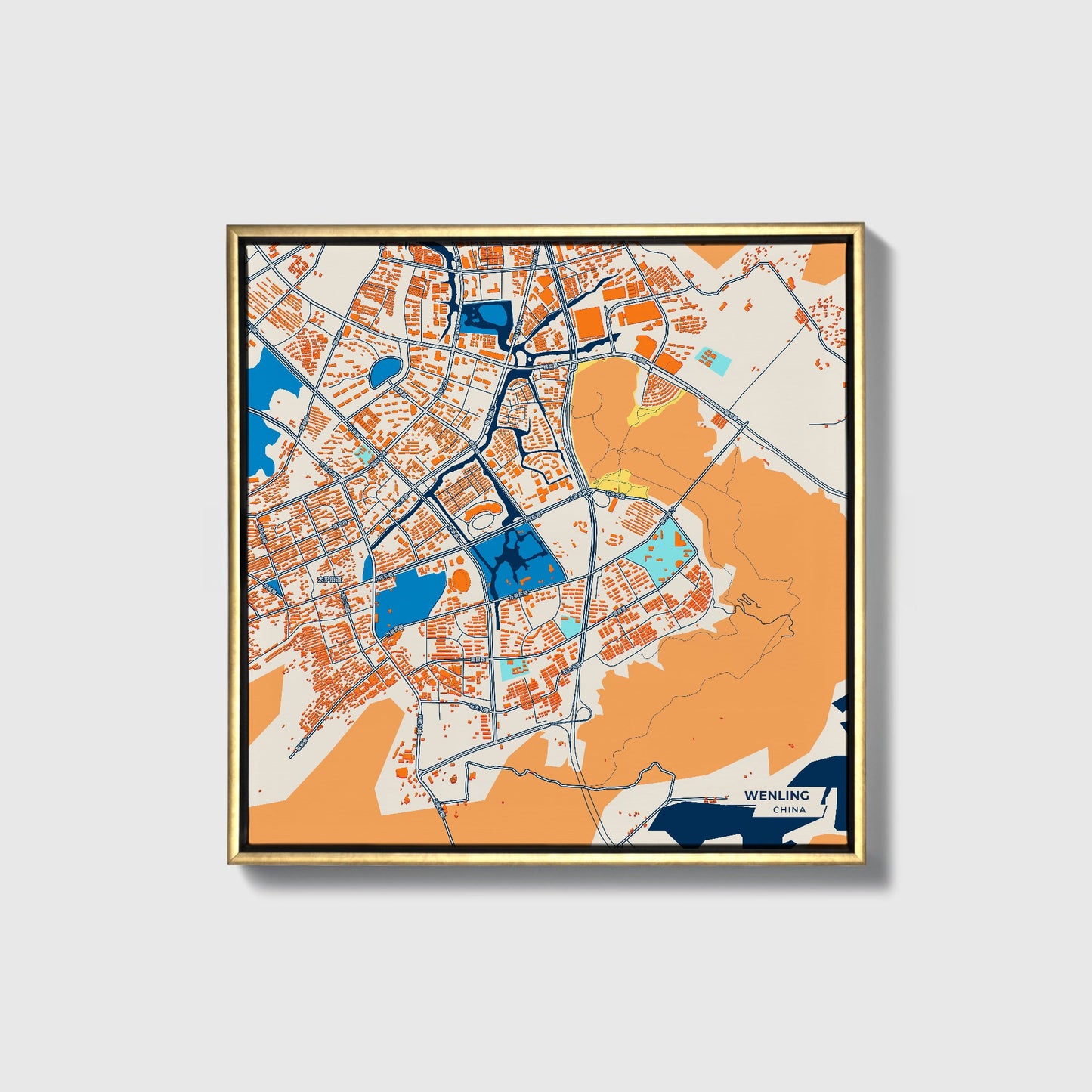 Wenling China Colorful City Map Canvas Print • Gold Framed