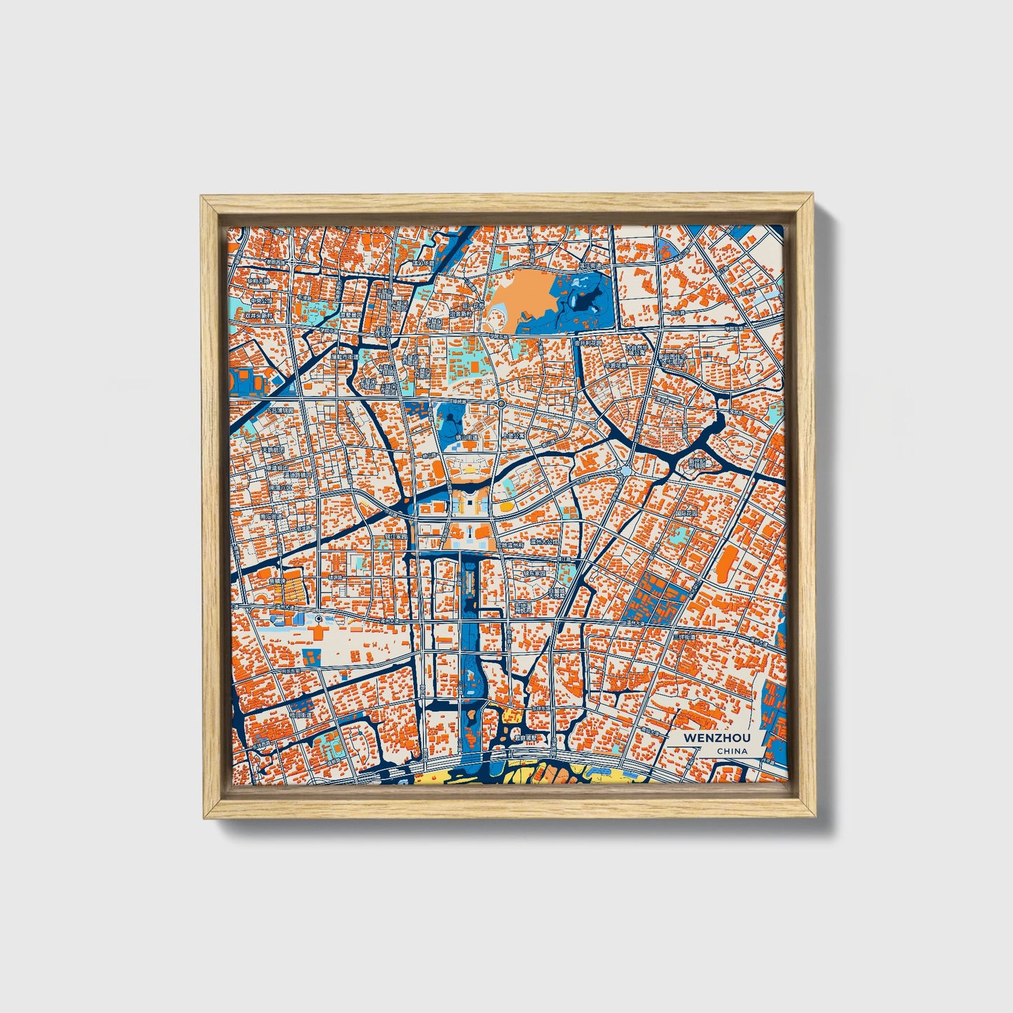 Wenzhou China Colorful City Map Canvas Print • Natural Wooden Framed