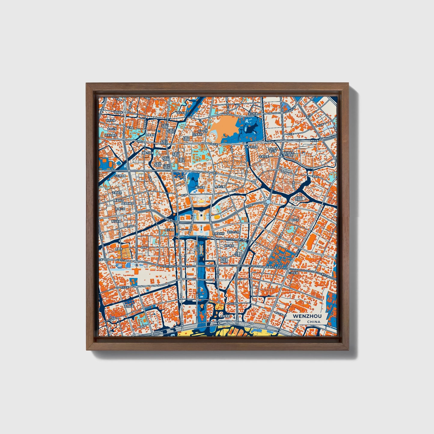 Wenzhou China Colorful City Map Canvas Print • Dark Wooden Framed