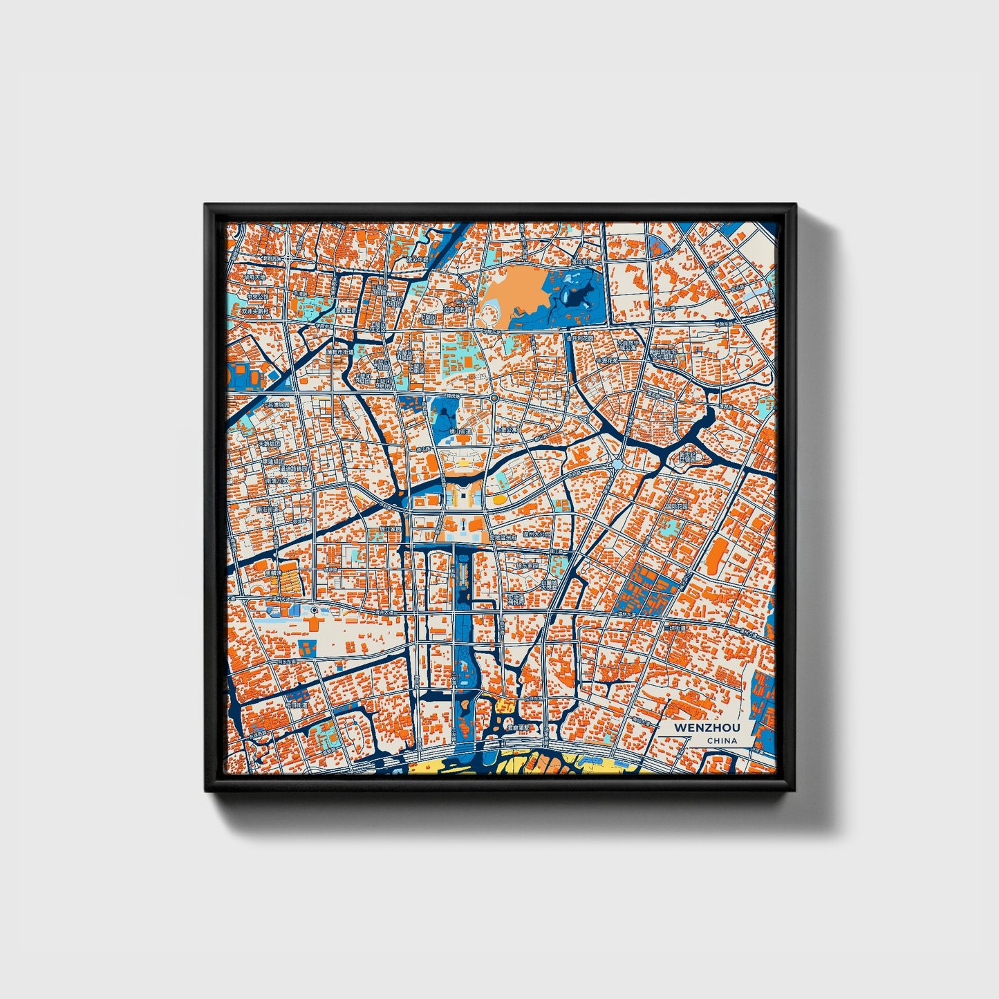 Wenzhou China Colorful City Map Canvas Print • Black Framed