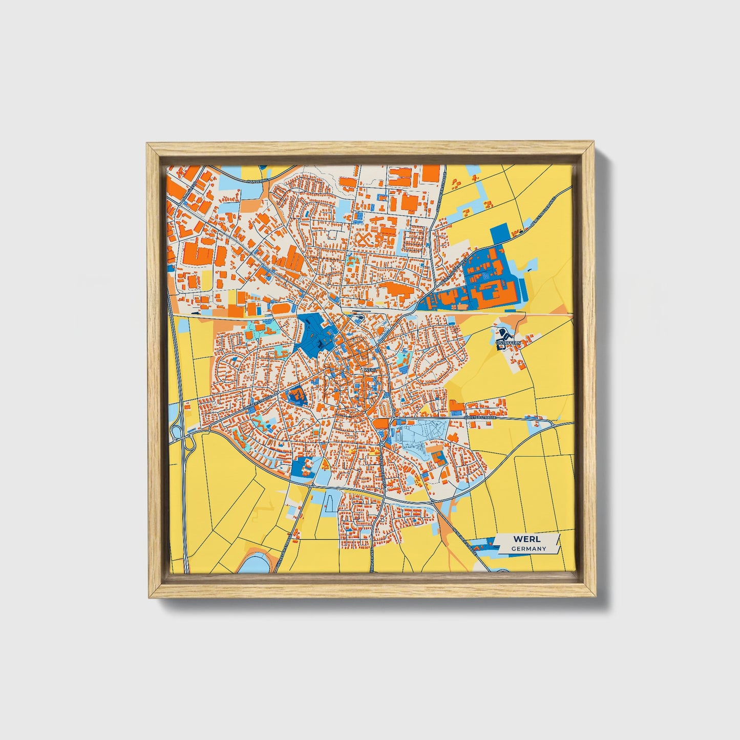 Werl Germany Colorful City Map Canvas Print • Natural Wooden Framed