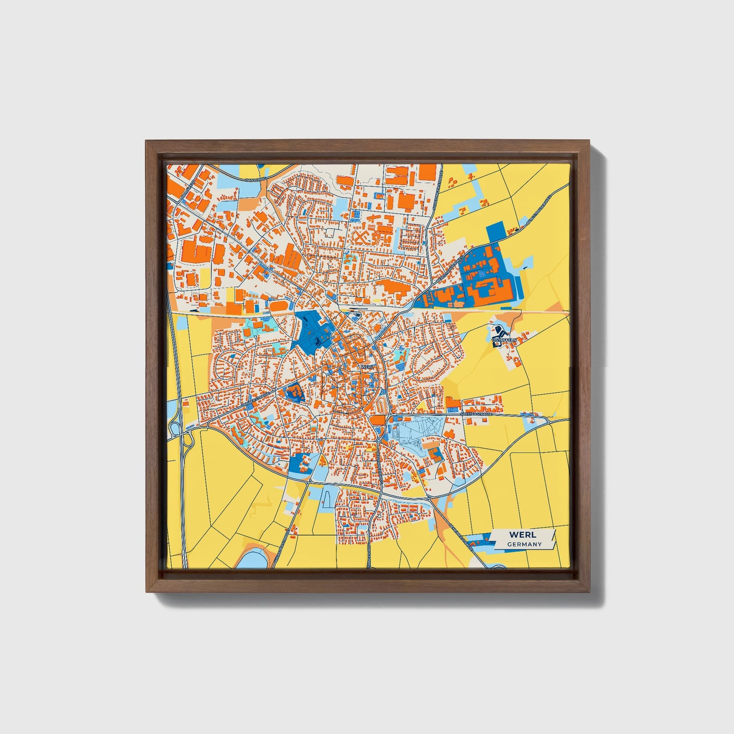 Werl Germany Colorful City Map Canvas Print • Dark Wooden Framed