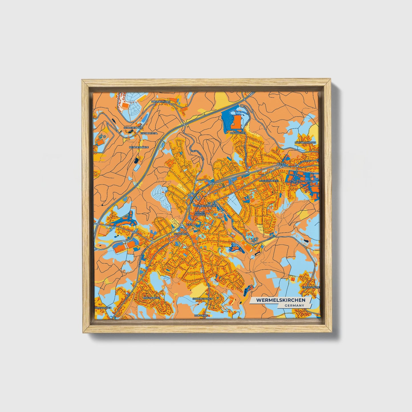 Wermelskirchen Germany Colorful City Map Canvas Print • Natural Wooden Framed
