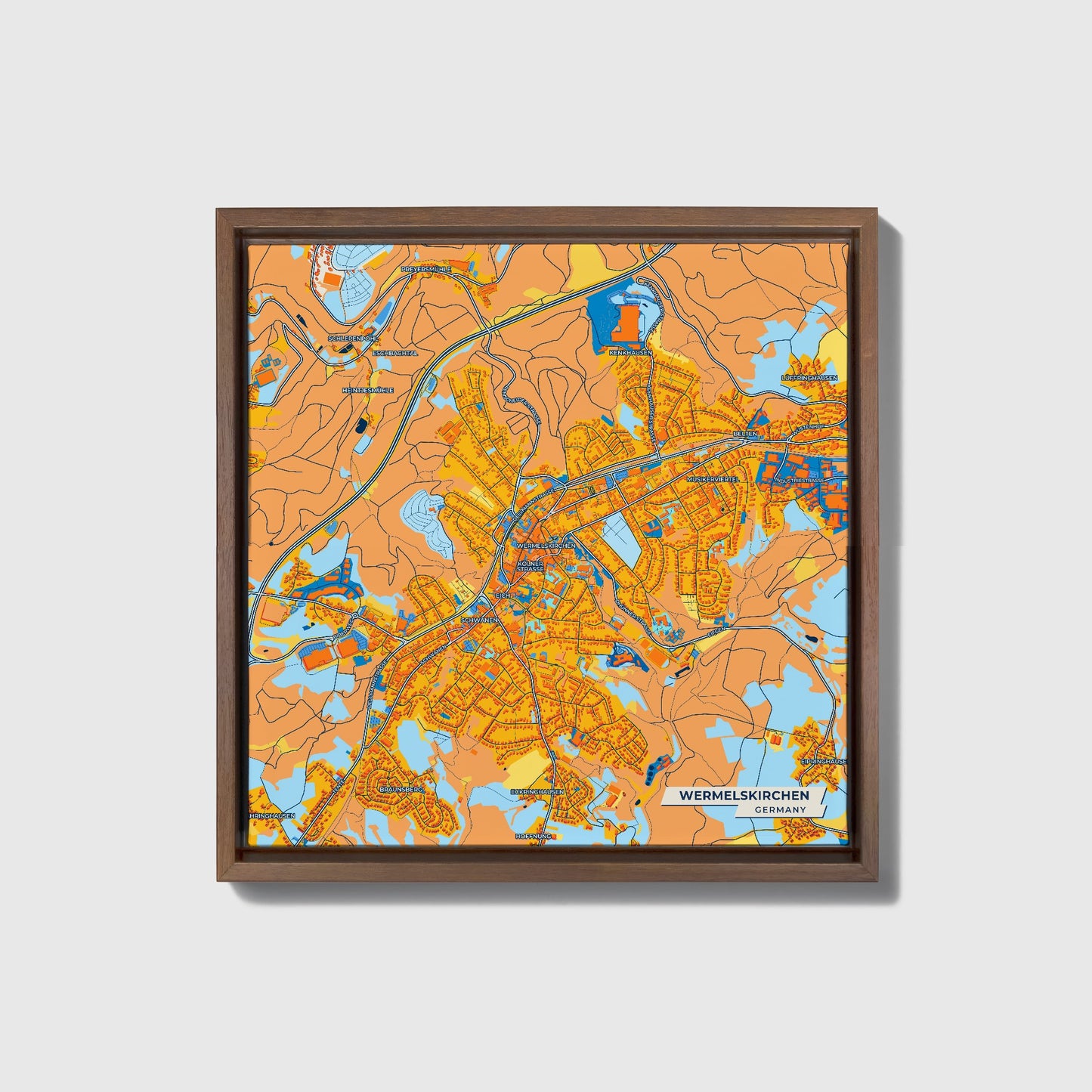 Wermelskirchen Germany Colorful City Map Canvas Print • Dark Wooden Framed