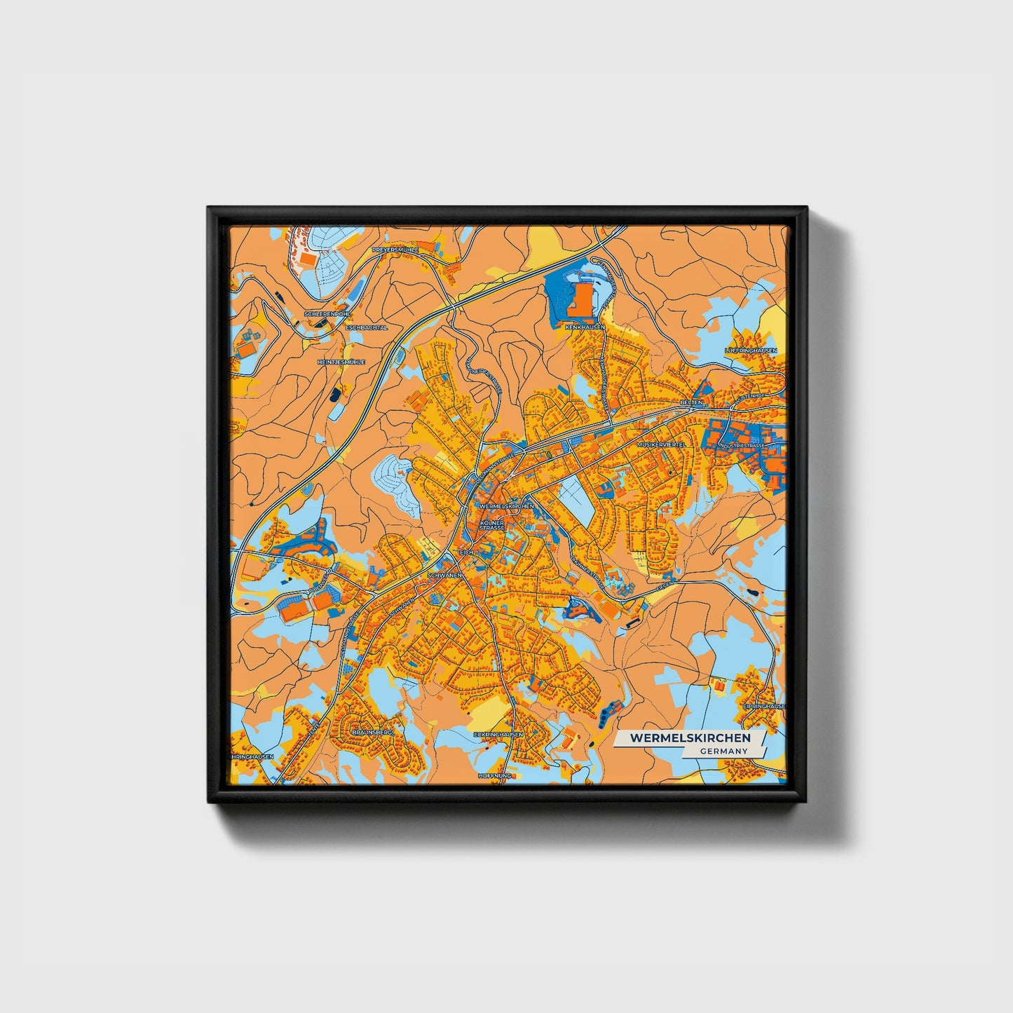 Wermelskirchen Germany Colorful City Map Canvas Print • Black Framed