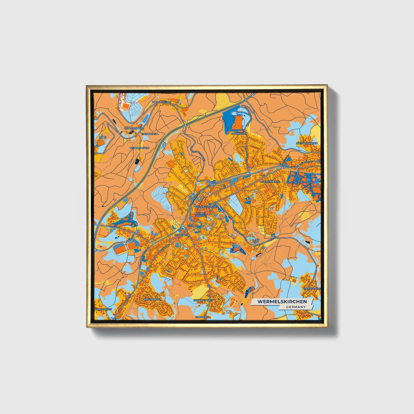 Wermelskirchen Germany Colorful City Map Canvas Print • Gold Framed