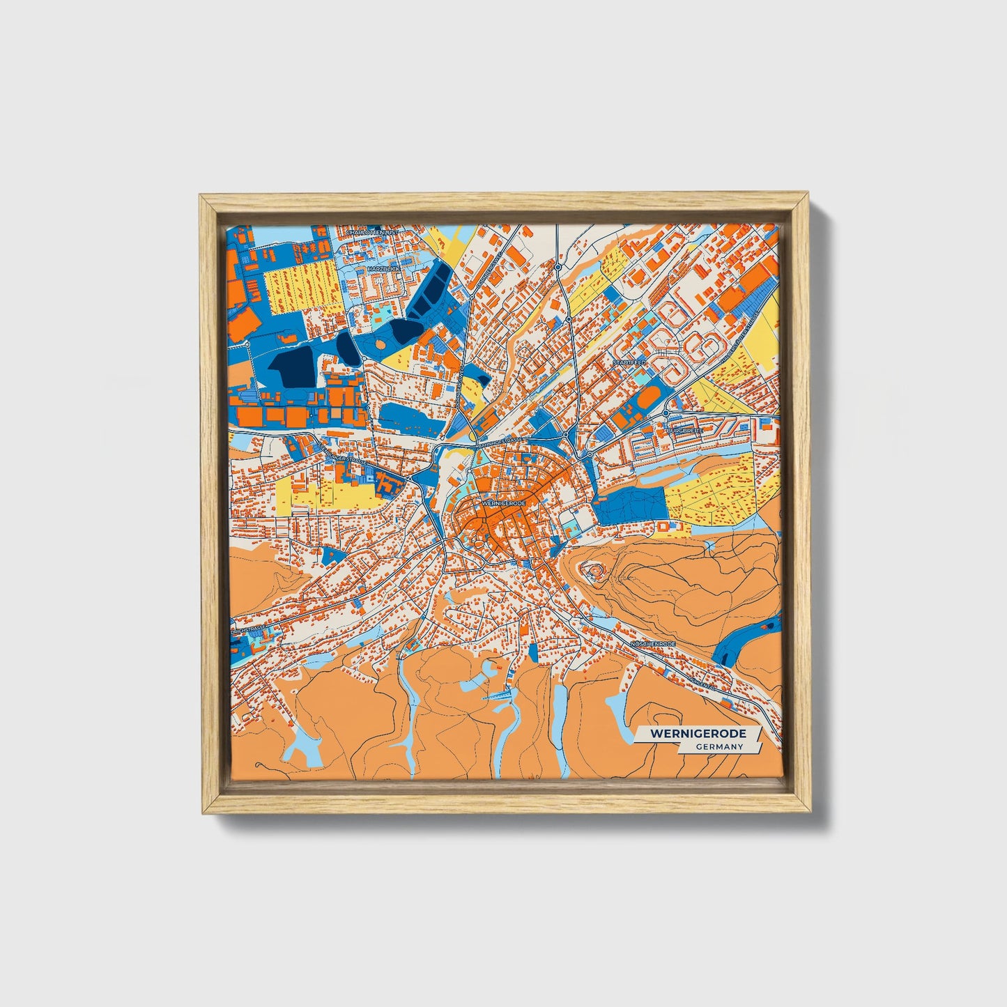 Wernigerode Germany Colorful City Map Canvas Print • Natural Wooden Framed