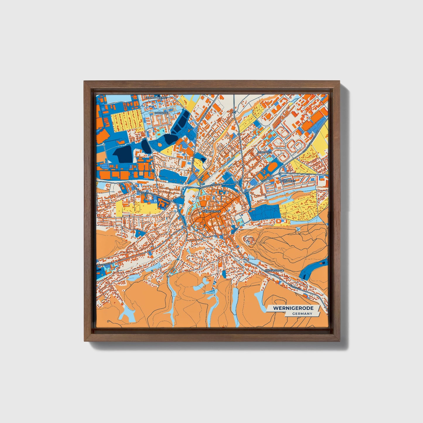 Wernigerode Germany Colorful City Map Canvas Print • Dark Wooden Framed
