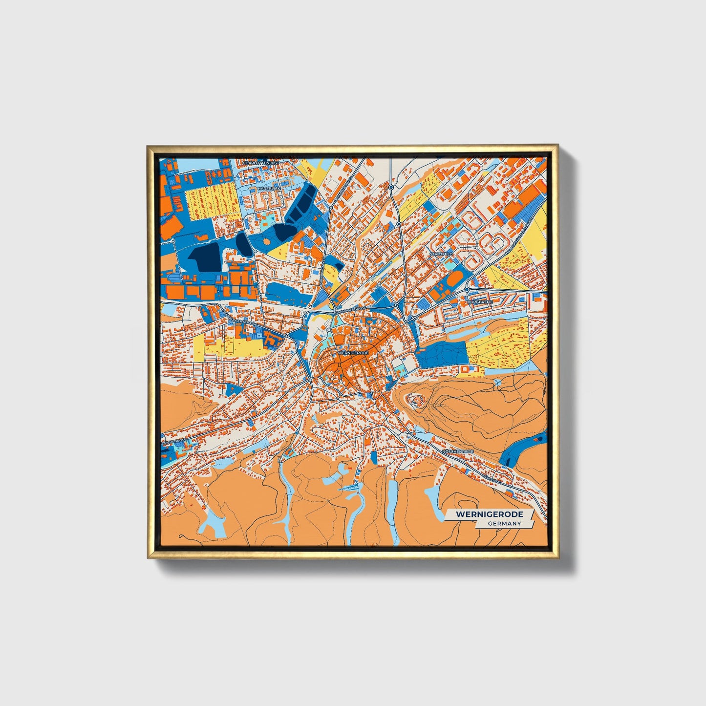 Wernigerode Germany Colorful City Map Canvas Print • Gold Framed