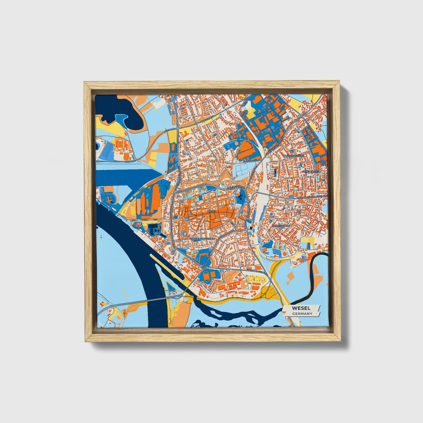Wesel Germany Colorful City Map Canvas Print • Natural Wooden Framed