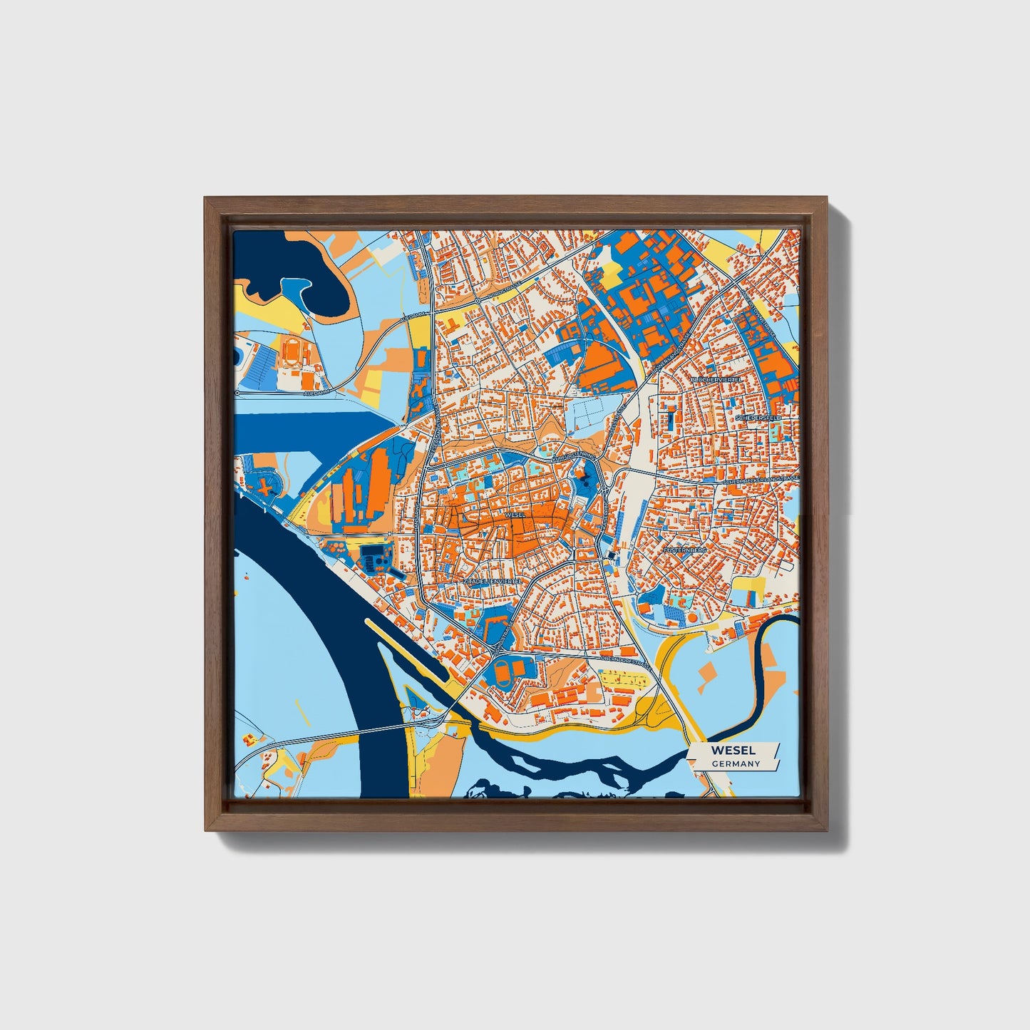 Wesel Germany Colorful City Map Canvas Print • Dark Wooden Framed