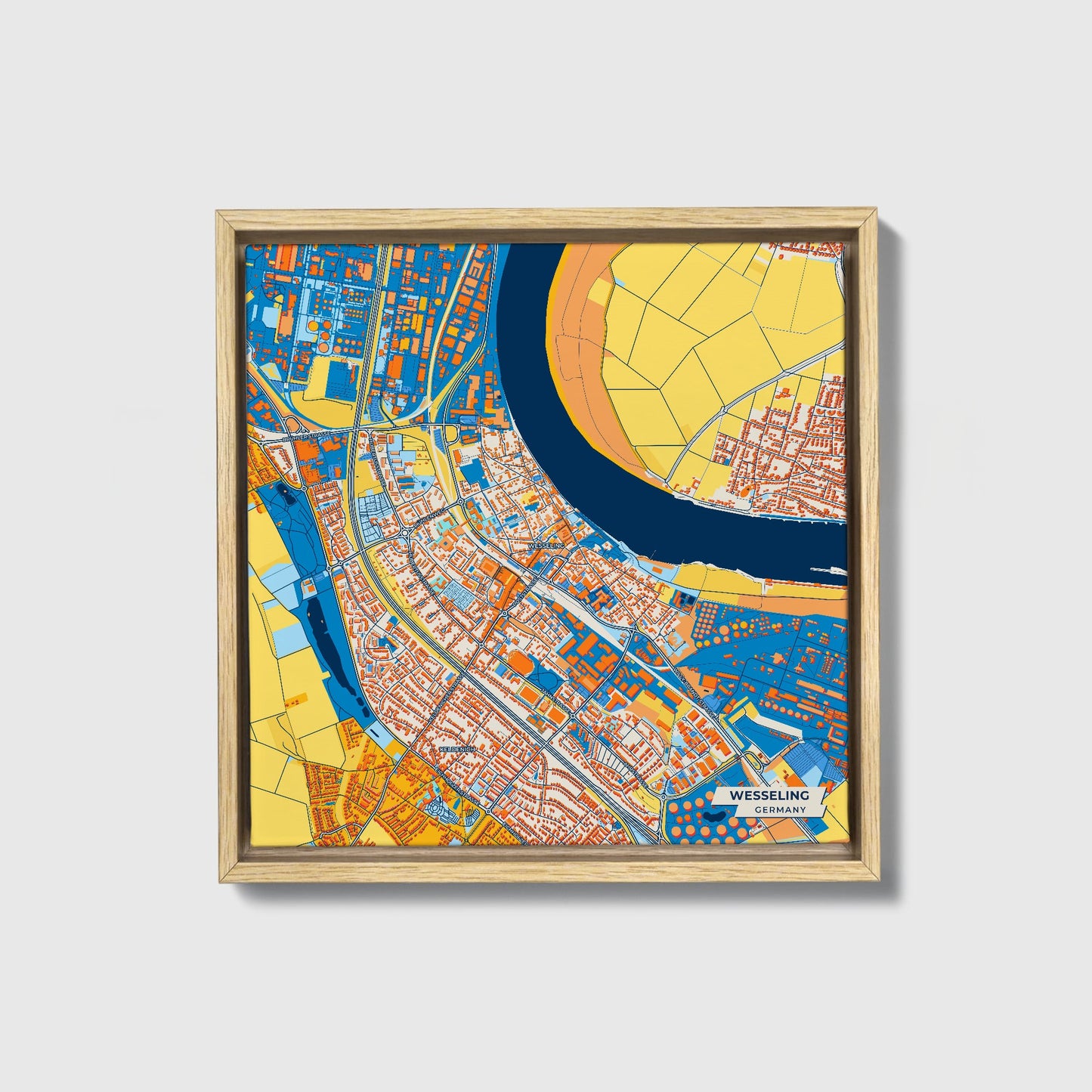Wesseling Germany Colorful City Map Canvas Print • Natural Wooden Framed