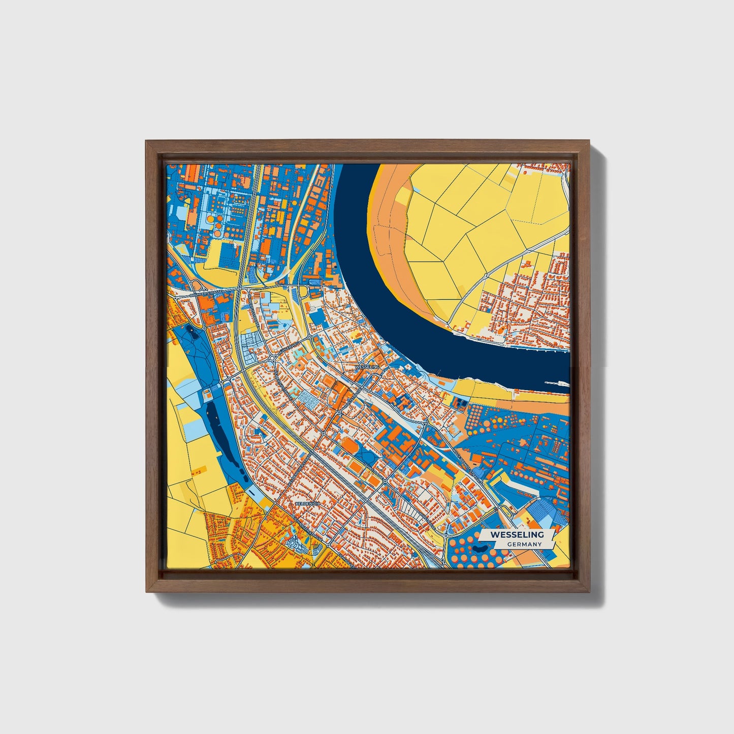 Wesseling Germany Colorful City Map Canvas Print • Dark Wooden Framed