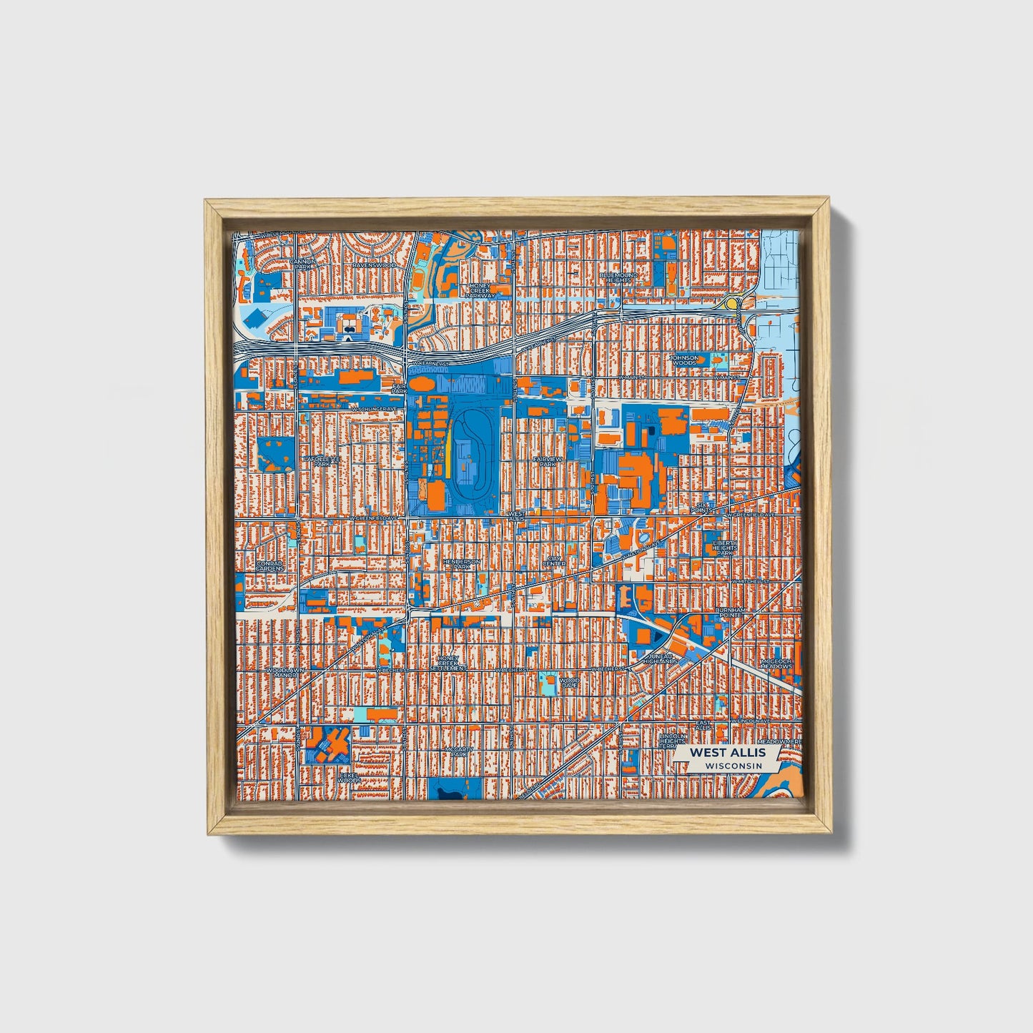 West Allis Wisconsin Colorful City Map Canvas Print • Natural Wooden Framed