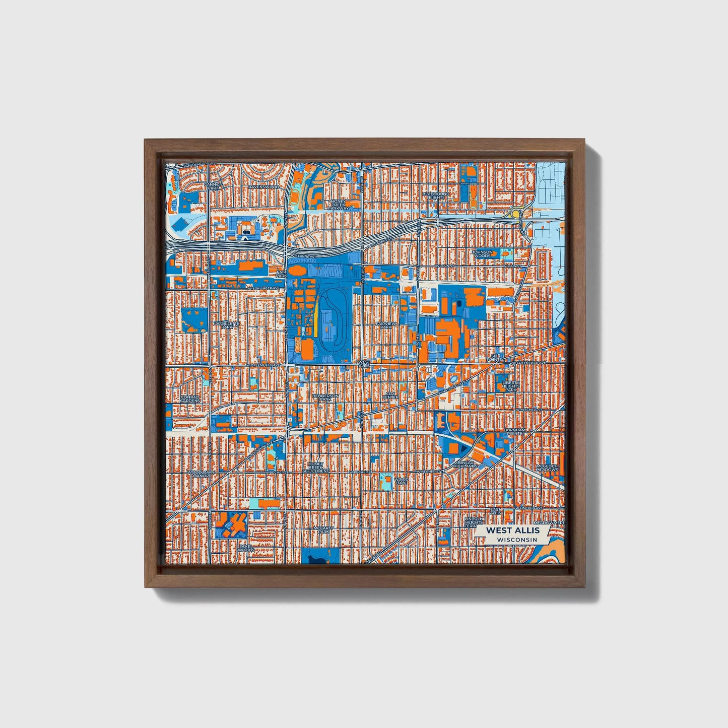 West Allis Wisconsin Colorful City Map Canvas Print • Dark Wooden Framed