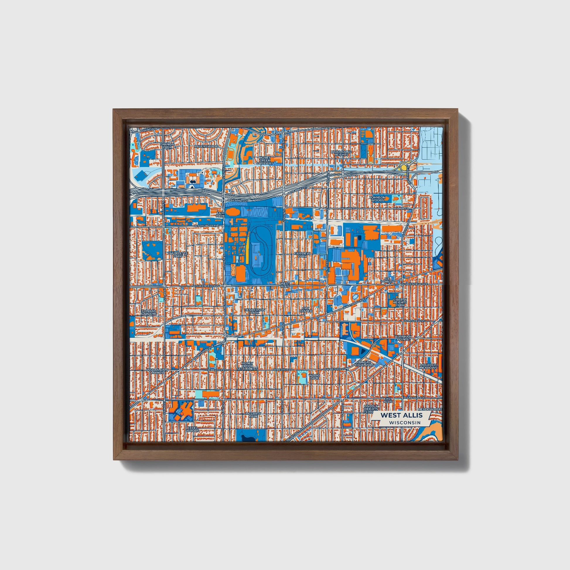 West Allis Wisconsin Colorful City Map Canvas Print • Dark Wooden Framed