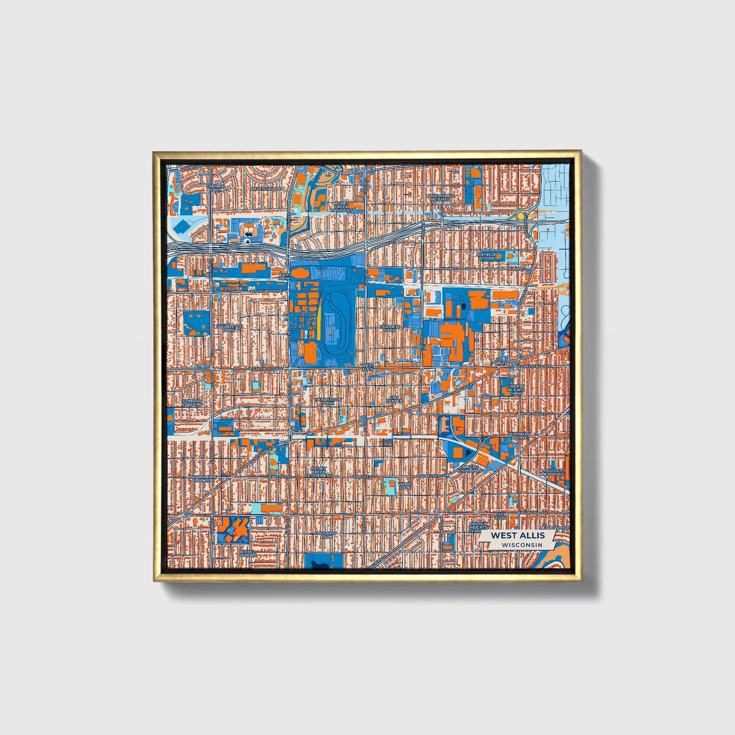 West Allis Wisconsin Colorful City Map Canvas Print • Gold Framed