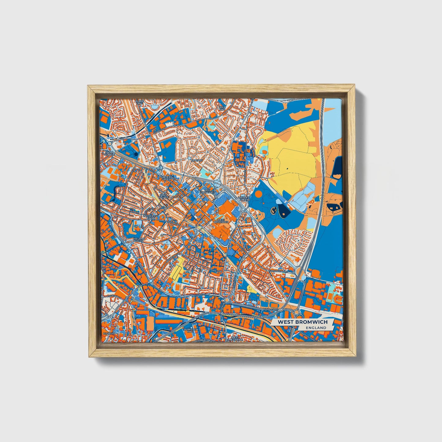 West Bromwich England Colorful City Map Canvas Print • Natural Wooden Framed