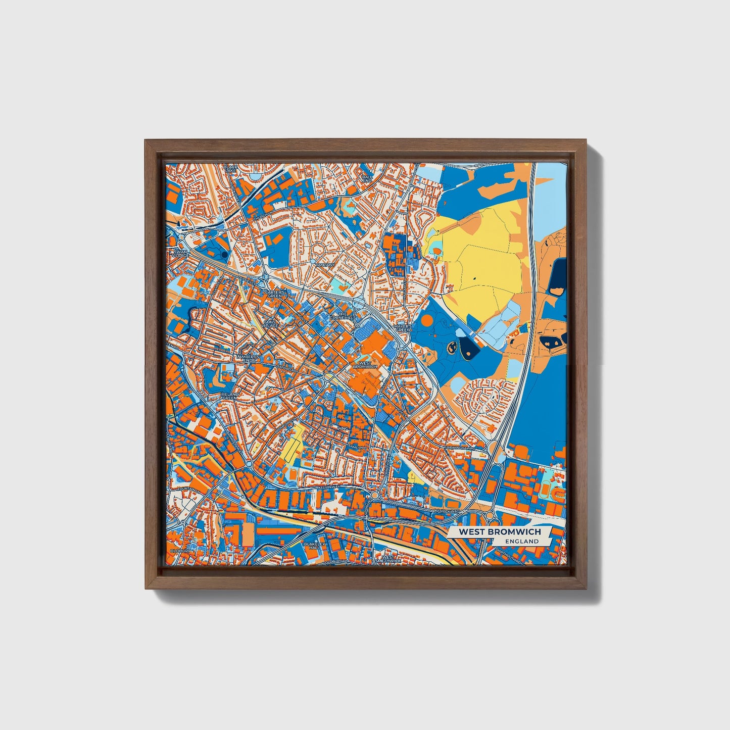 West Bromwich England Colorful City Map Canvas Print • Dark Wooden Framed