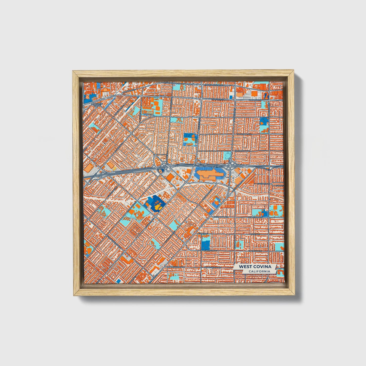 West Covina California Colorful City Map Canvas Print • Natural Wooden Framed