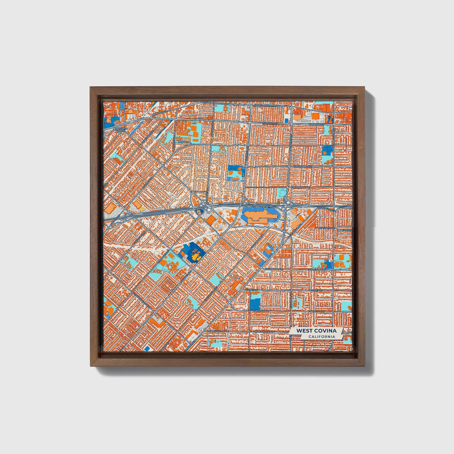 West Covina California Colorful City Map Canvas Print • Dark Wooden Framed
