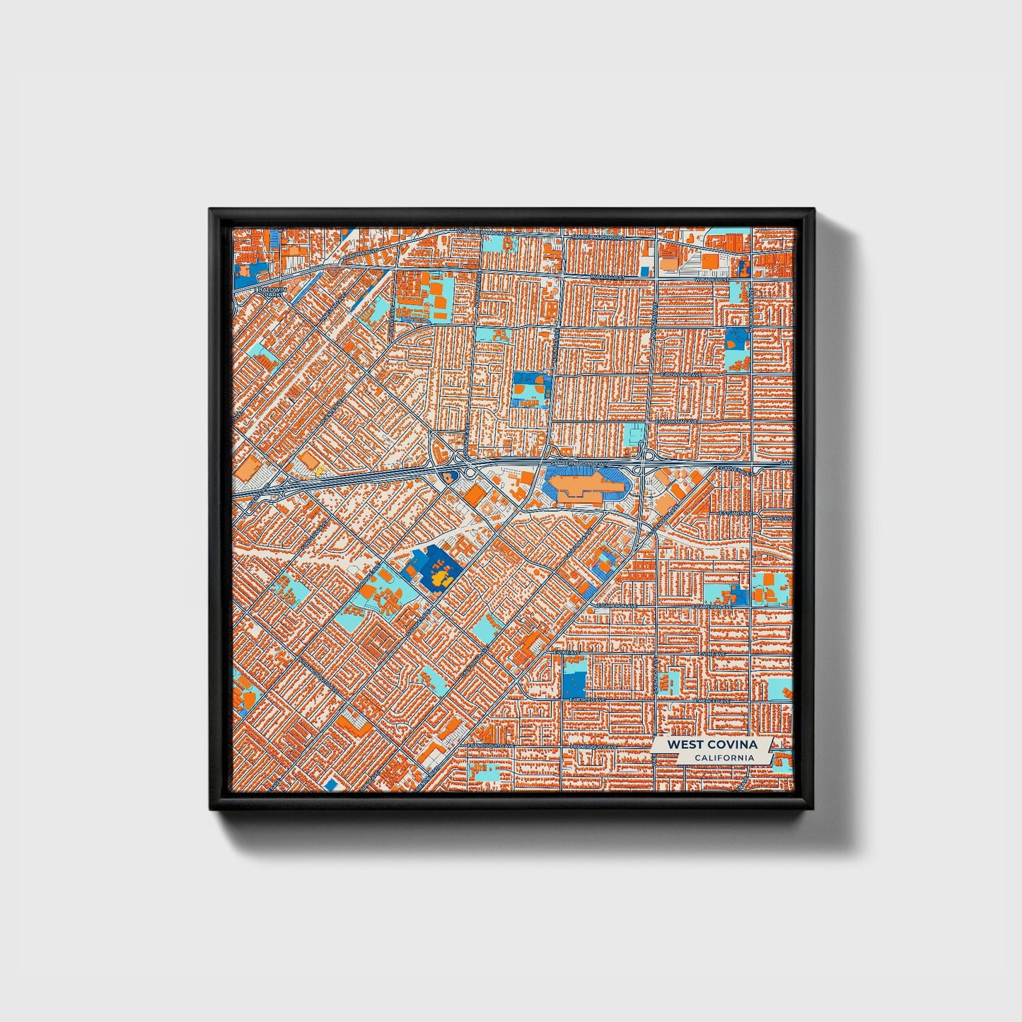 West Covina California Colorful City Map Canvas Print • Black Framed