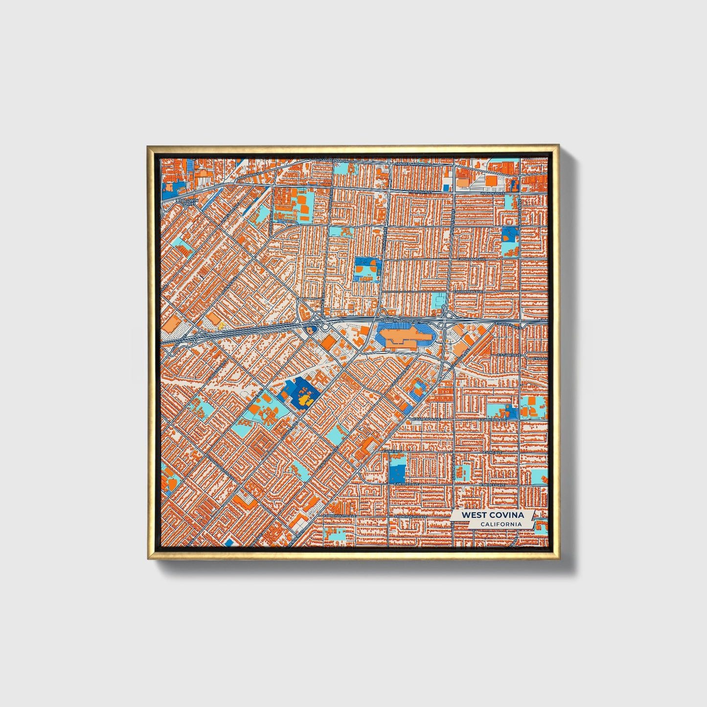 West Covina California Colorful City Map Canvas Print • Gold Framed