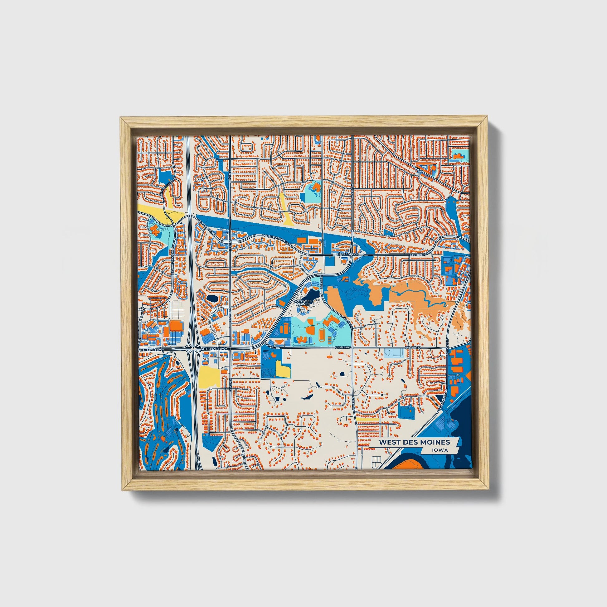 West Des Moines Iowa Colorful City Map Canvas Print • Natural Wooden Framed