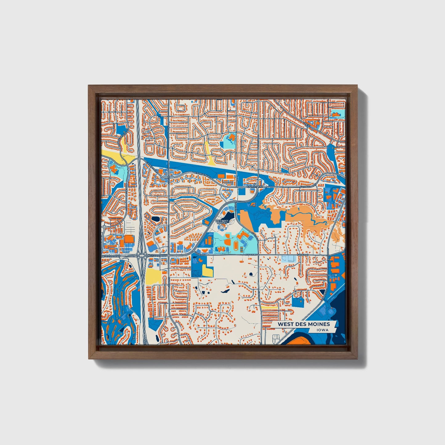 West Des Moines Iowa Colorful City Map Canvas Print • Dark Wooden Framed