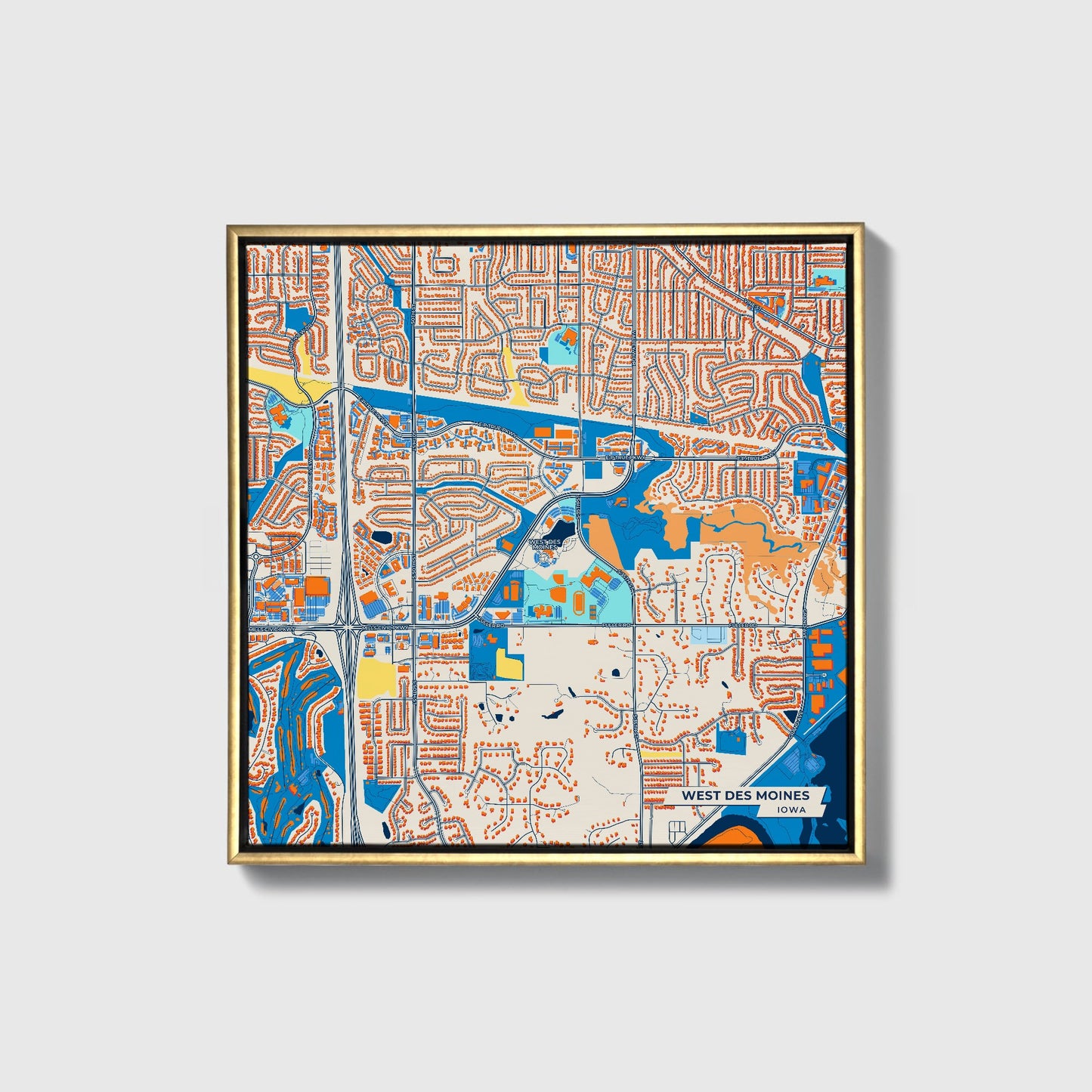 West Des Moines Iowa Colorful City Map Canvas Print • Gold Framed