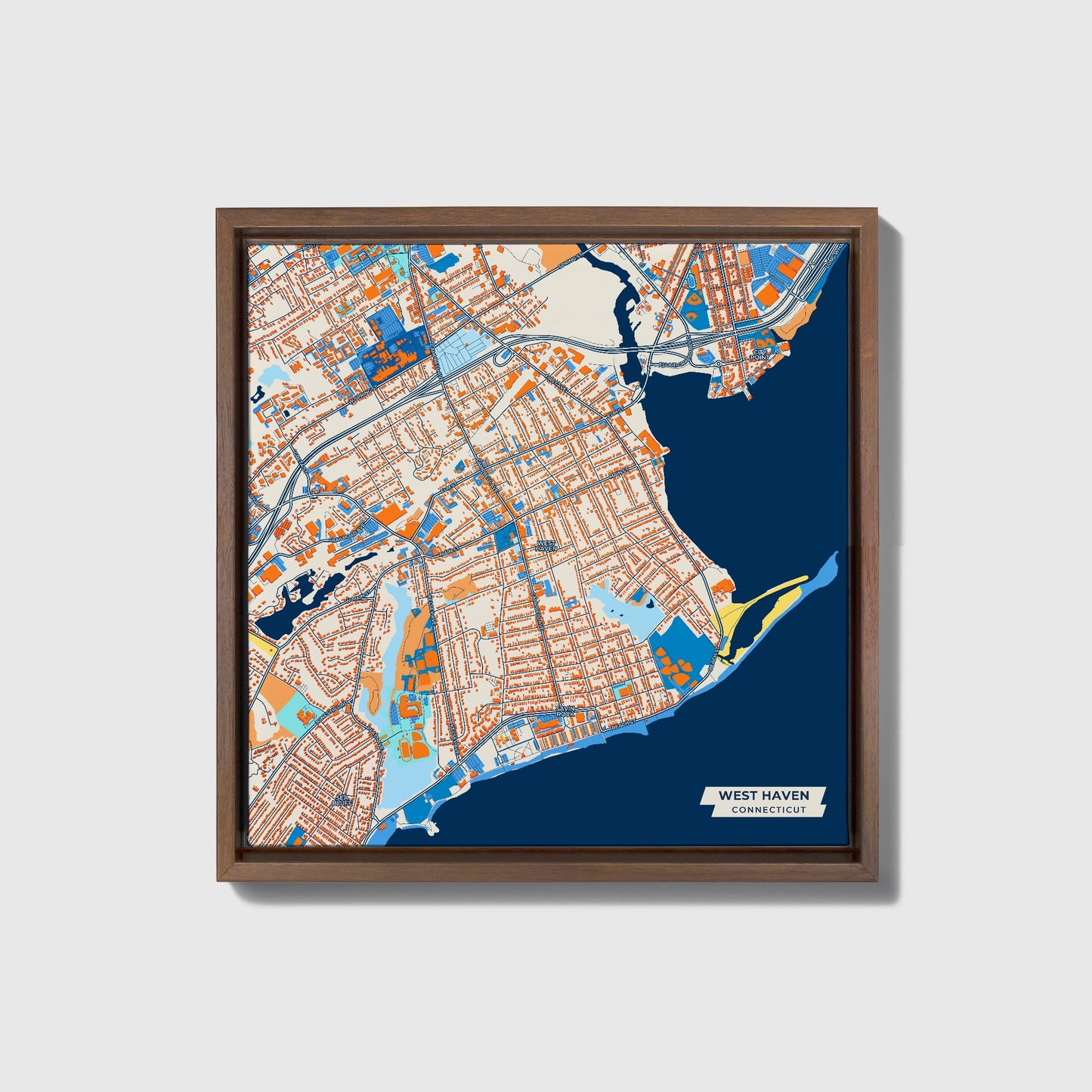 West Haven Connecticut Colorful City Map Canvas Print • Dark Wooden Framed